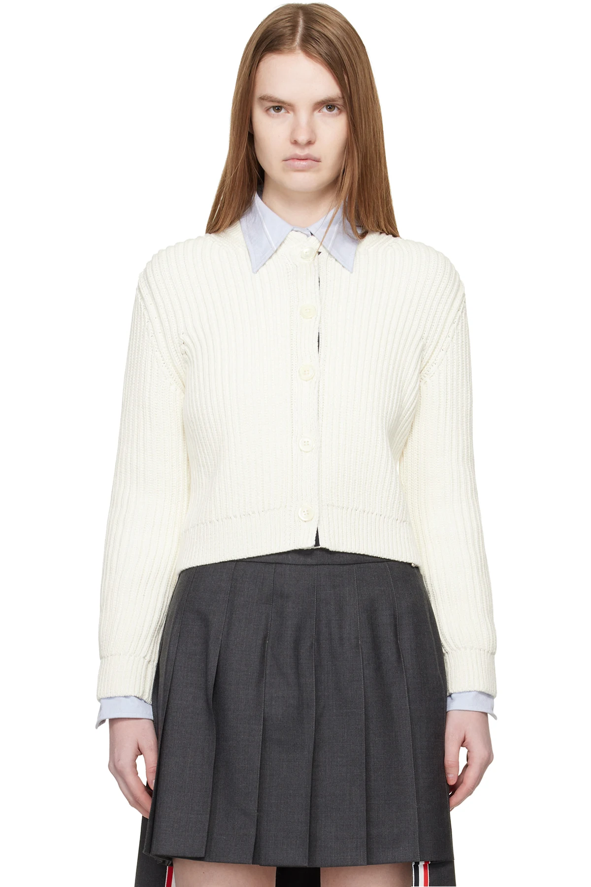 White Full Stitch Cropped Crew Neck Cardigan