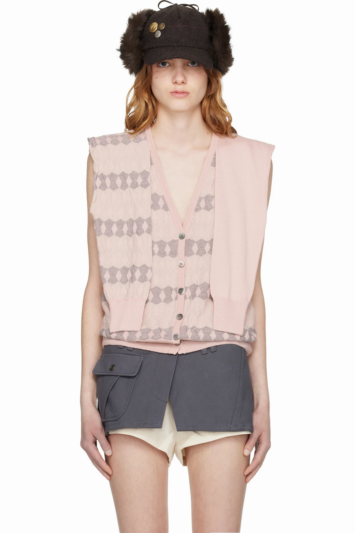 Pink Jacquard Sleeve Layered Cardigan Vest