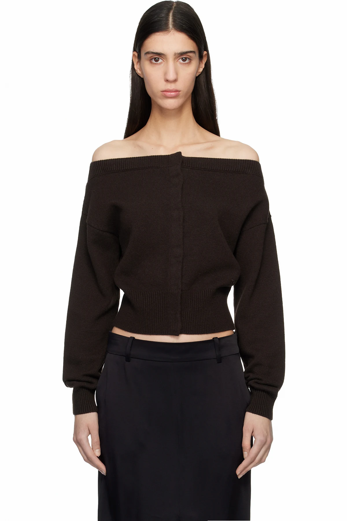 Brown Soft Cashmere Open-Neck Shrunken Cardigan