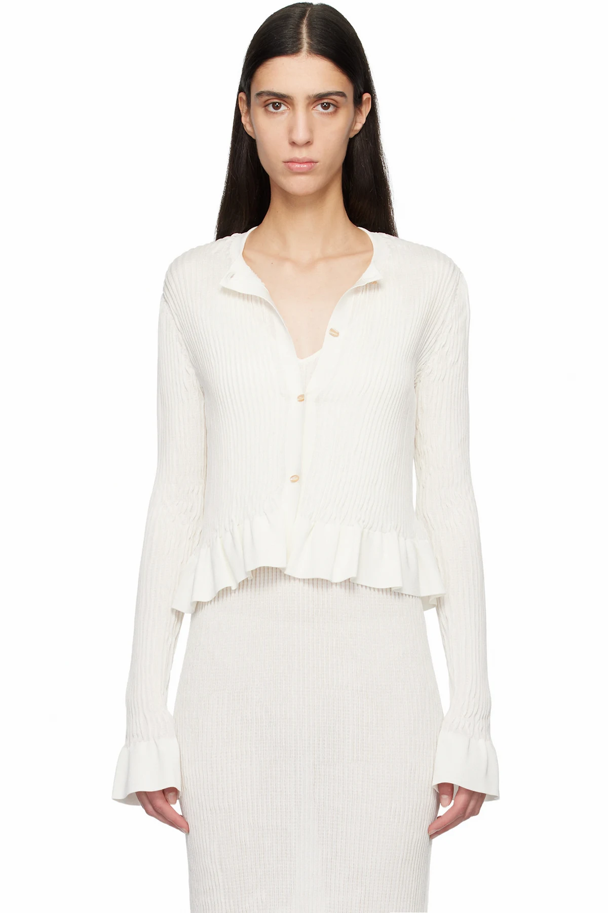 Off-White Long Sleeves Frill Detail Cardigan
