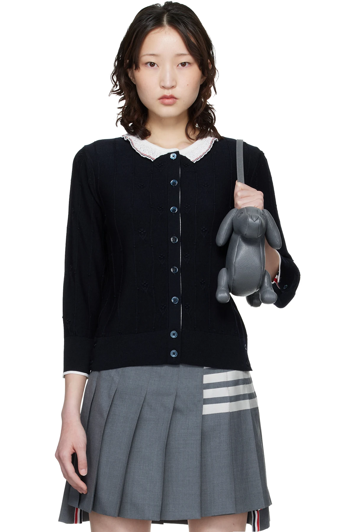 Navy Merino Wool Bobble Stitch Lace Trim Cardigan