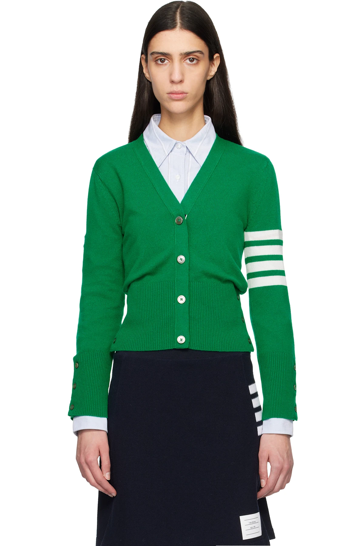 Green Classic Cashmere 4-Bar V-Neck Cardigan