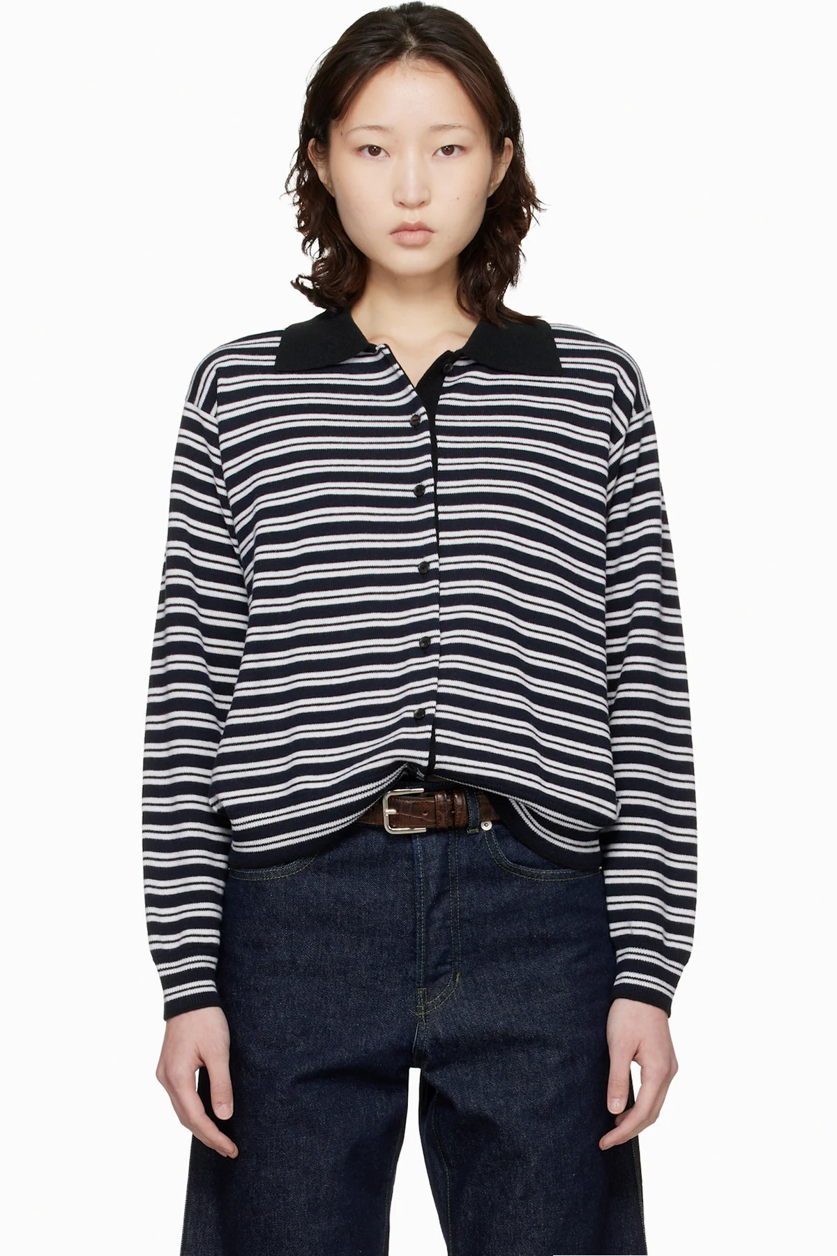 Black & White Merino Wool Striped Polo Cardigan