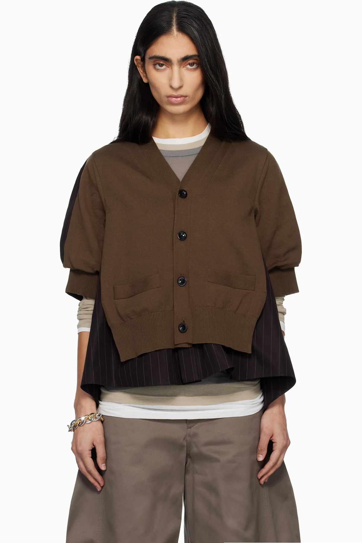 Brown Chalk Stripe & Cotton Knit Cardigan