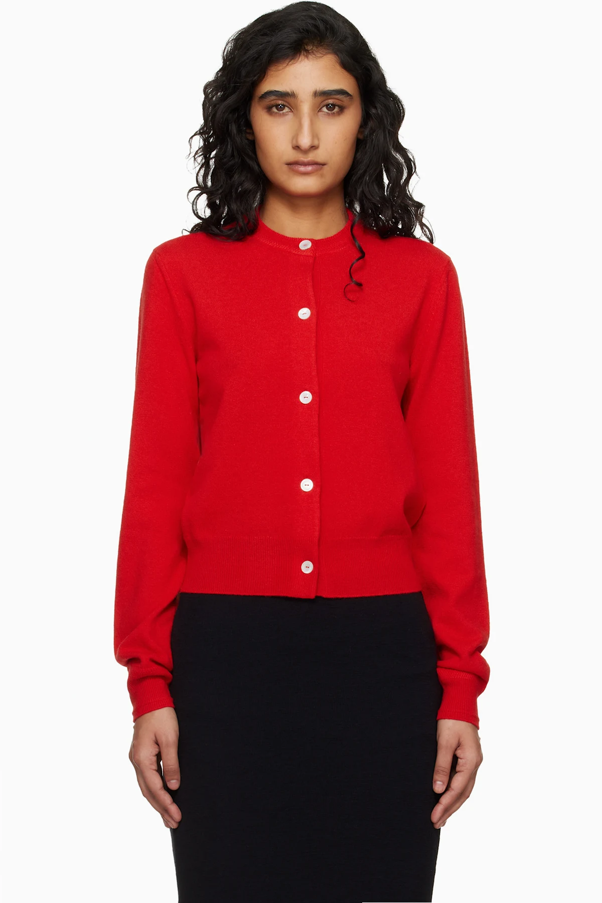 Red Lightweight Wool Crew Neck Cardigan