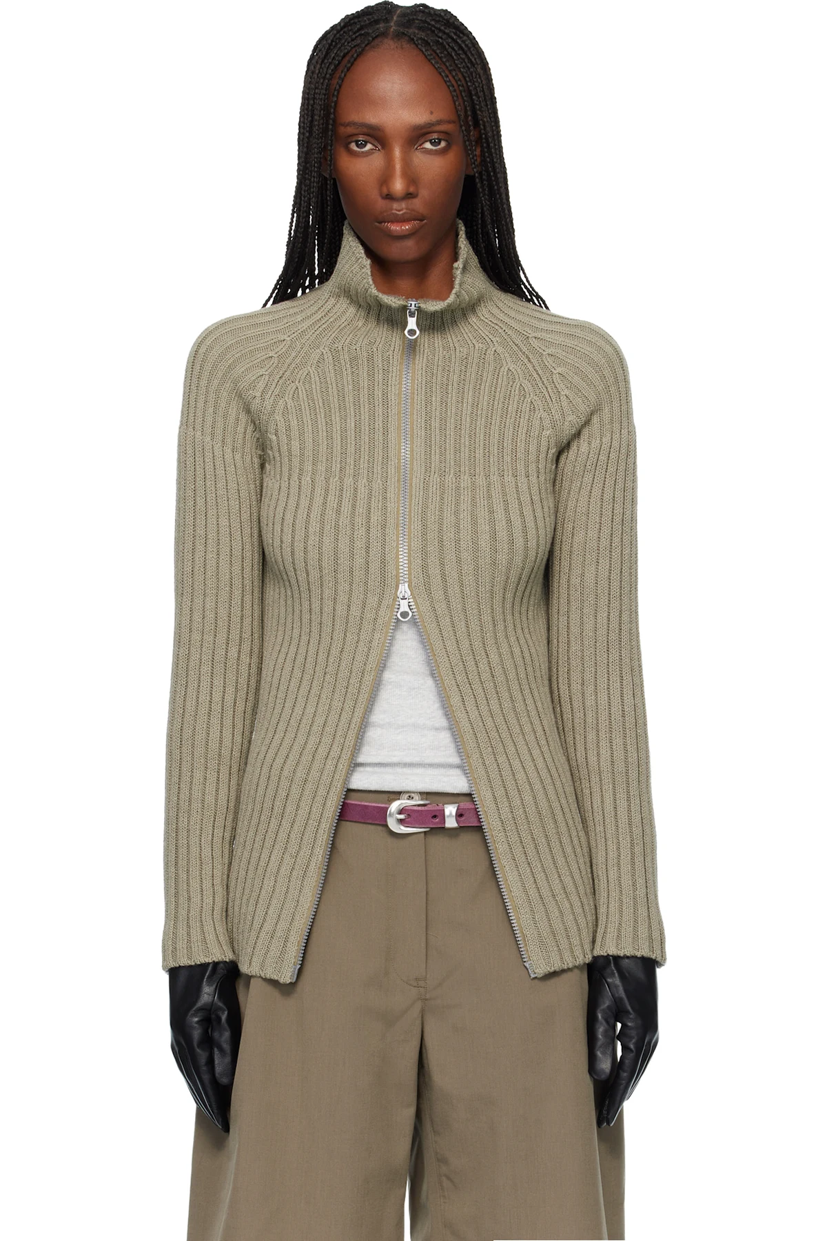 Khaki Column Zip Cardigan