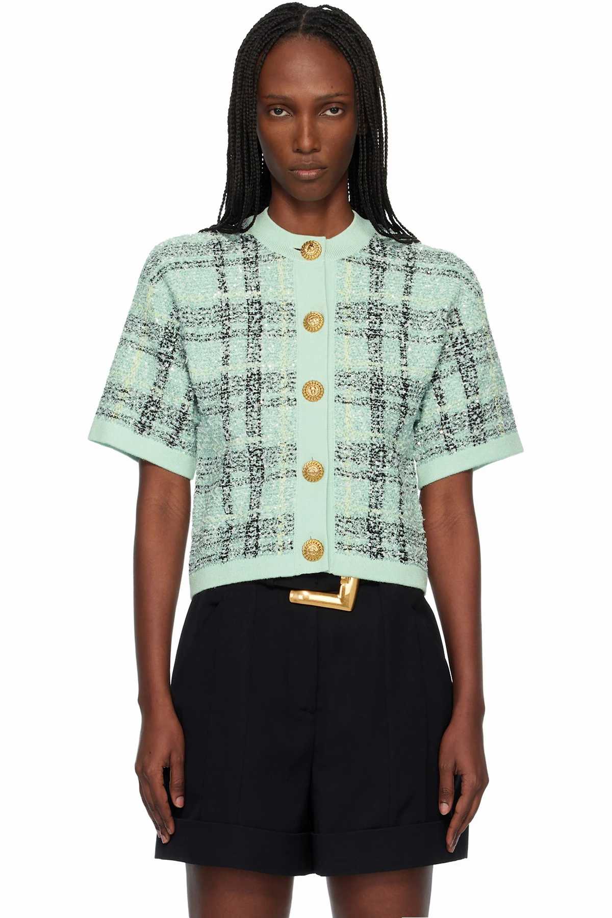 Green Buttoned Shiny Light Tweed Cardigan