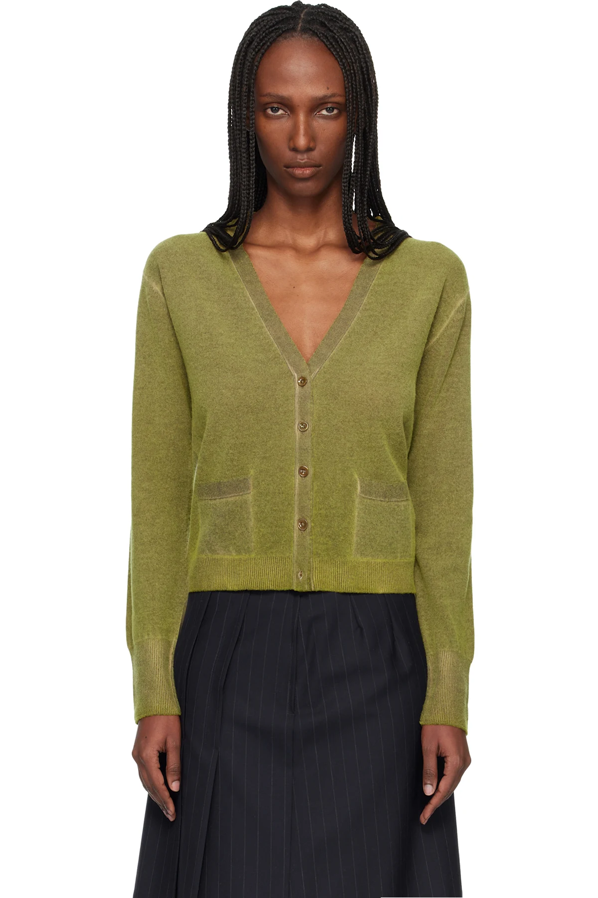 Green Virgin Wool V Neck Cardigan