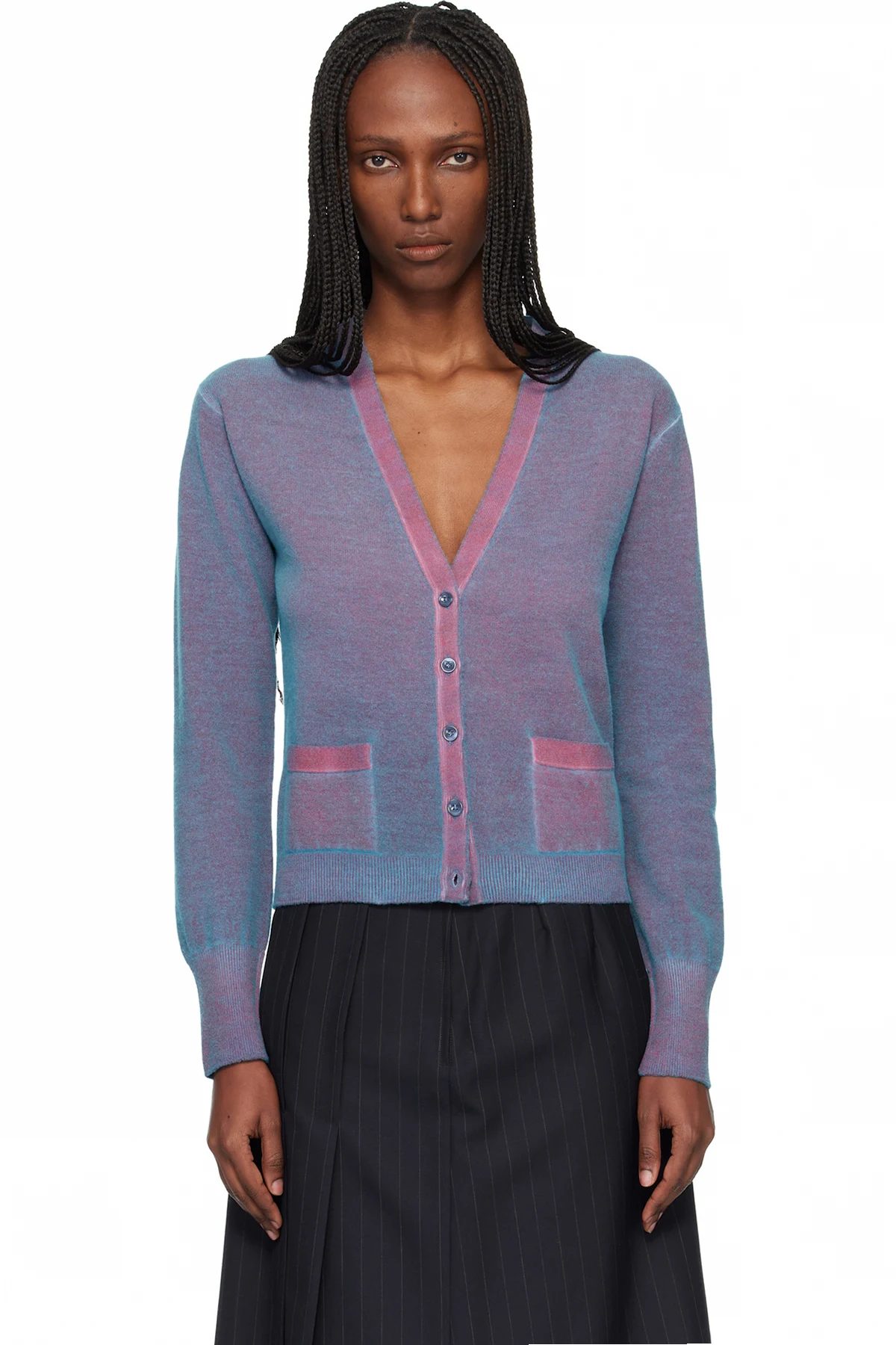 Blue & Red Virgin Wool V Neck Cardigan