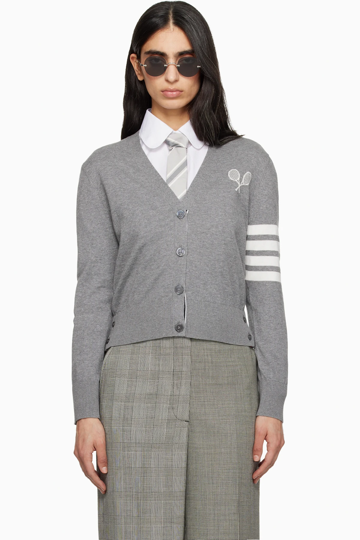 Gray Tennis Racquets 4-Bar Cotton V-Neck Cardigan