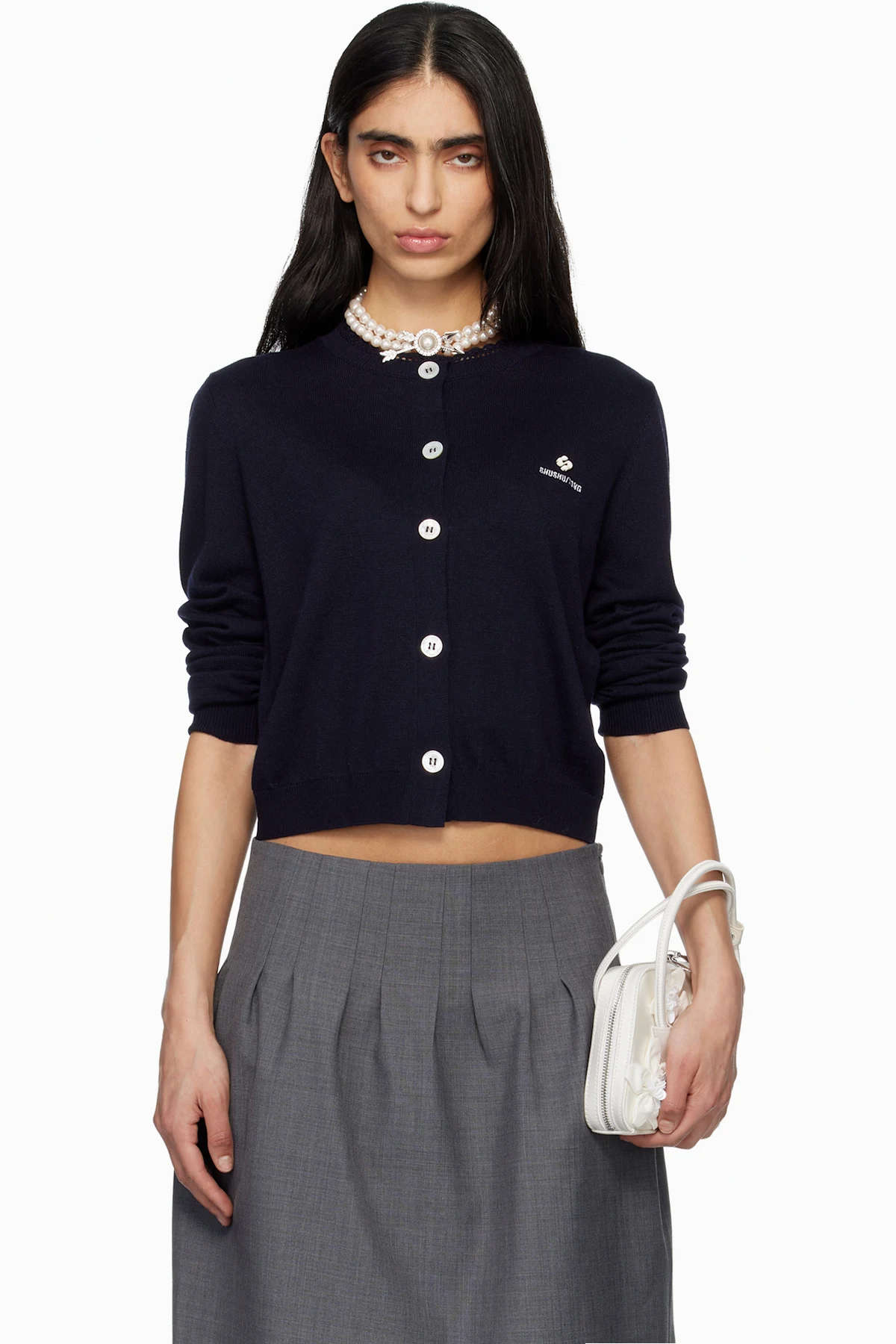 Navy Logo-Stitch Knit Cardigan