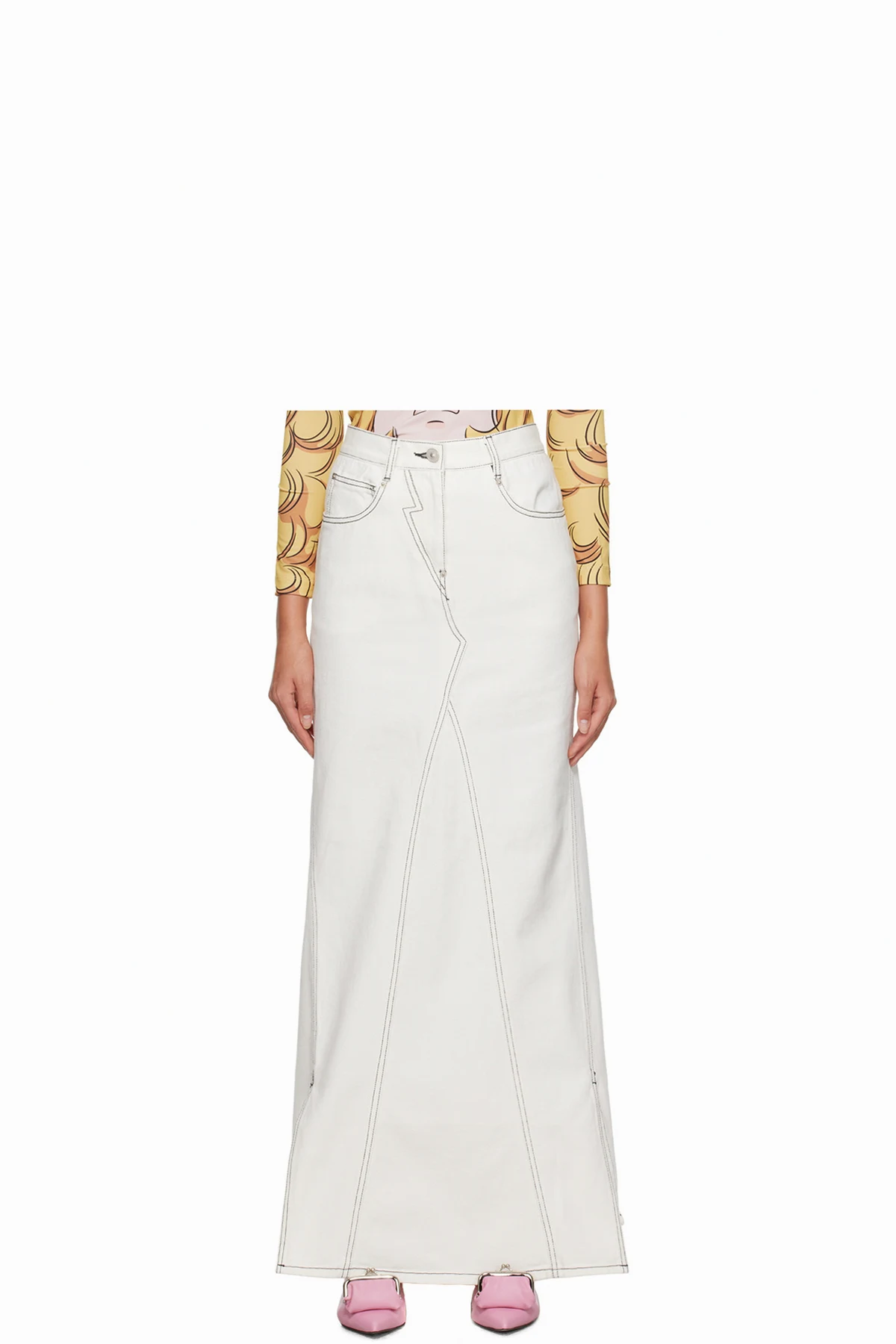 White Vented Denim Maxi Skirt
