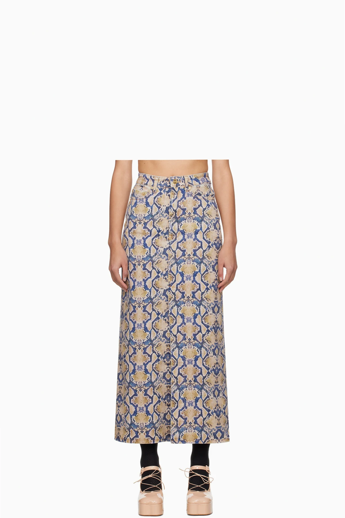 Blue & Yellow Snake Printed Denim Maxi Skirt