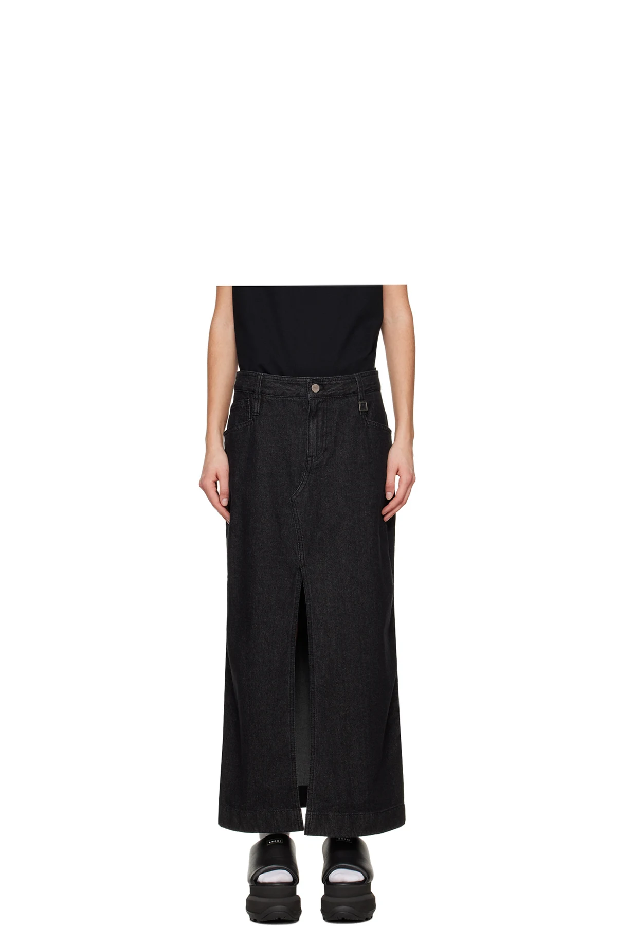 Black Vented Denim Maxi Skirt