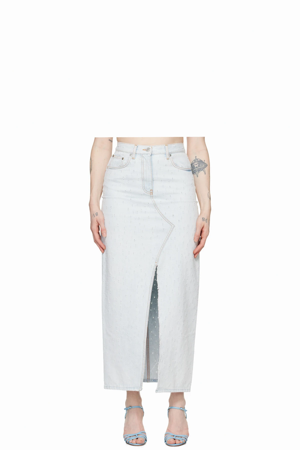 Blue Distressed Denim Maxi Skirt