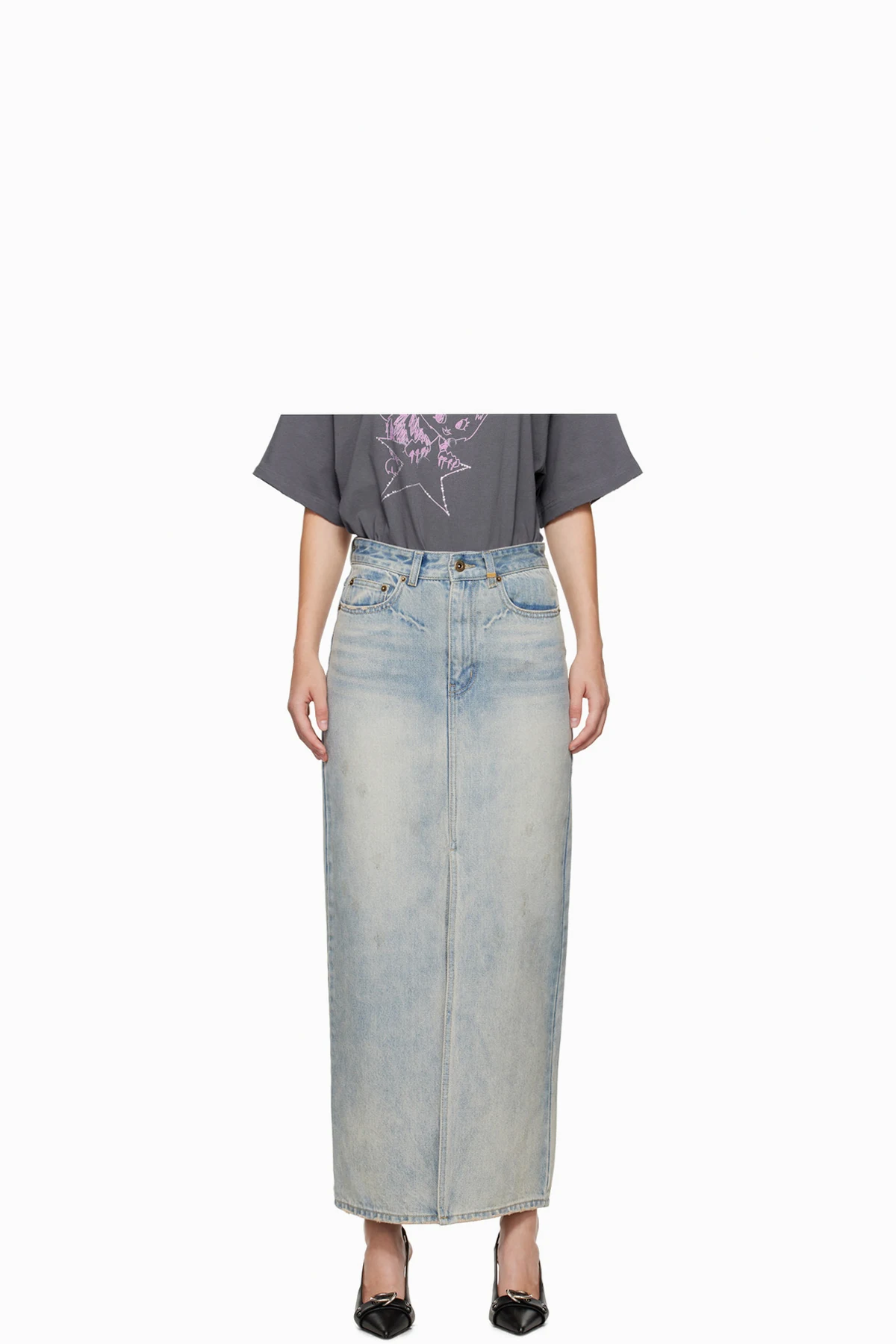 Blue Washed Denim Maxi Skirt