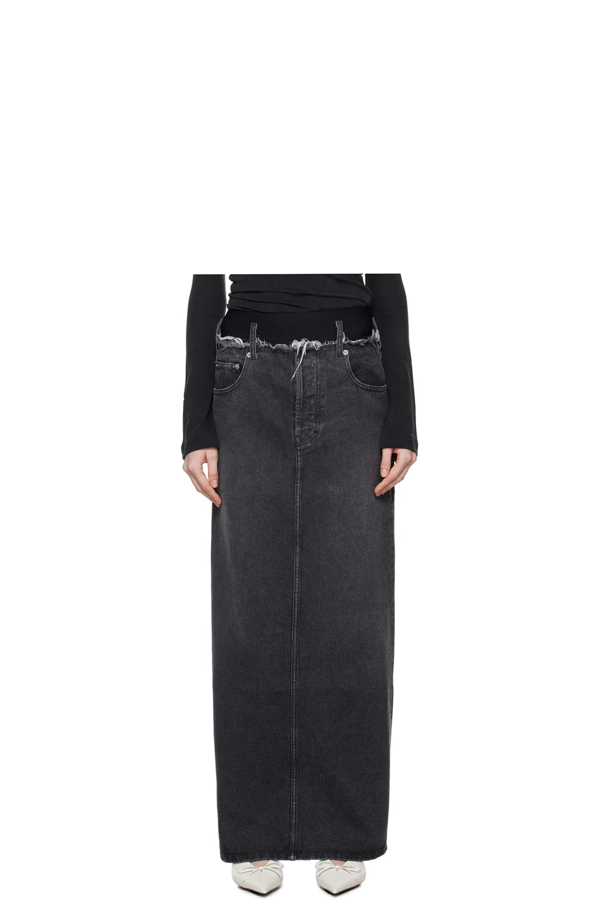 Gray Frayed Edge Denim Maxi Skirt