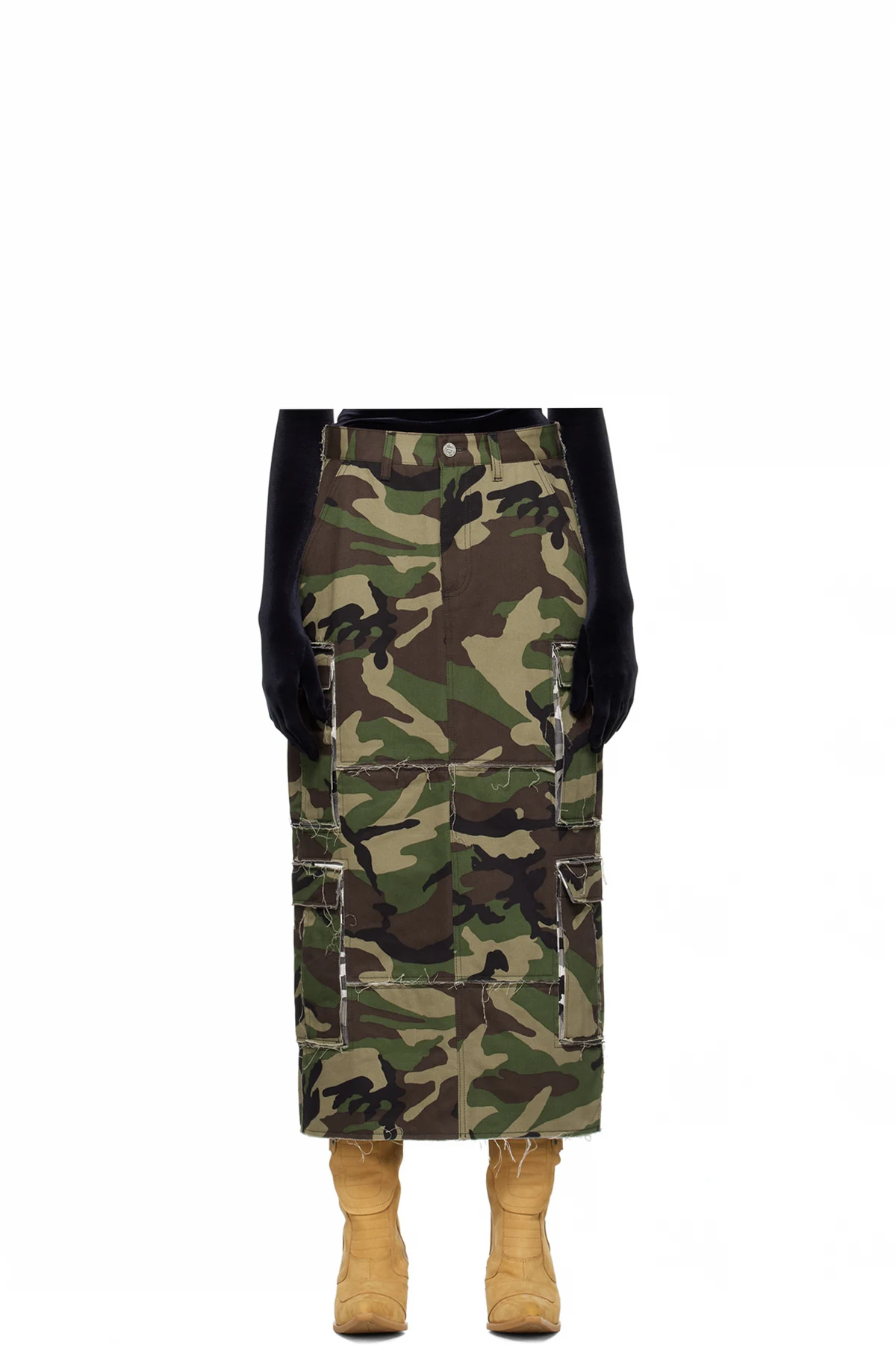 Khaki Patched Camo Cargo Maxi Skirt