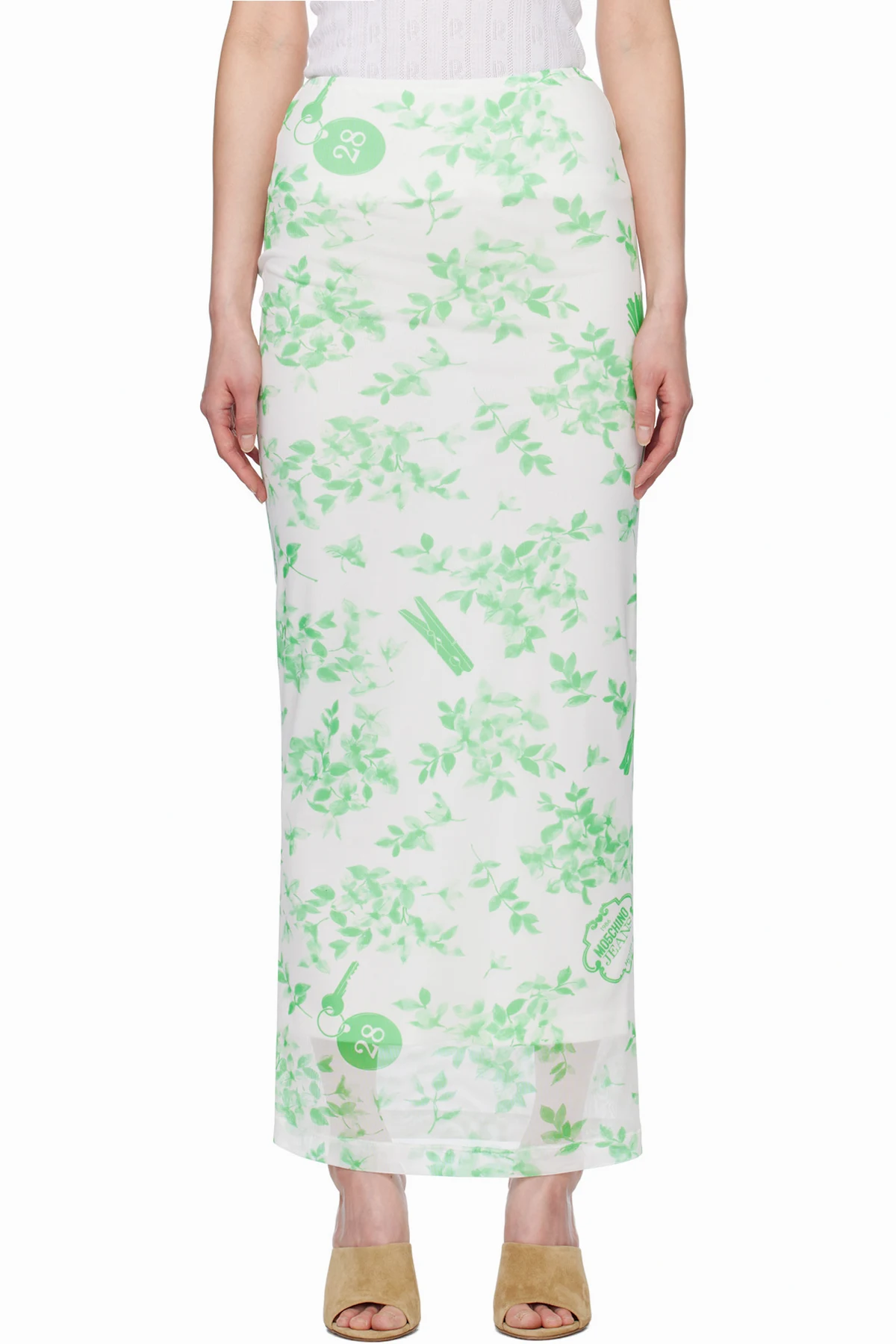Green & White Floral Print Mesh Maxi Skirt