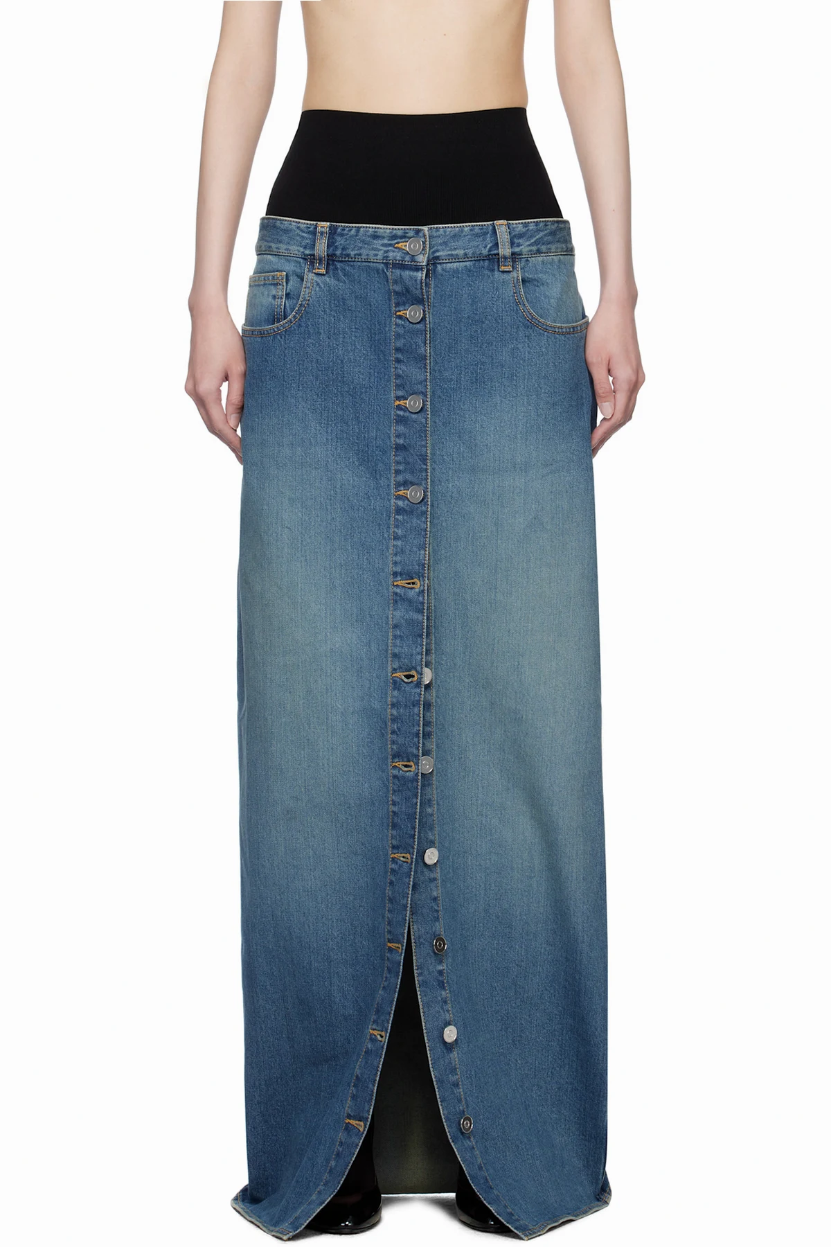 Blue Knitted Waistband Denim Maxi Skirt