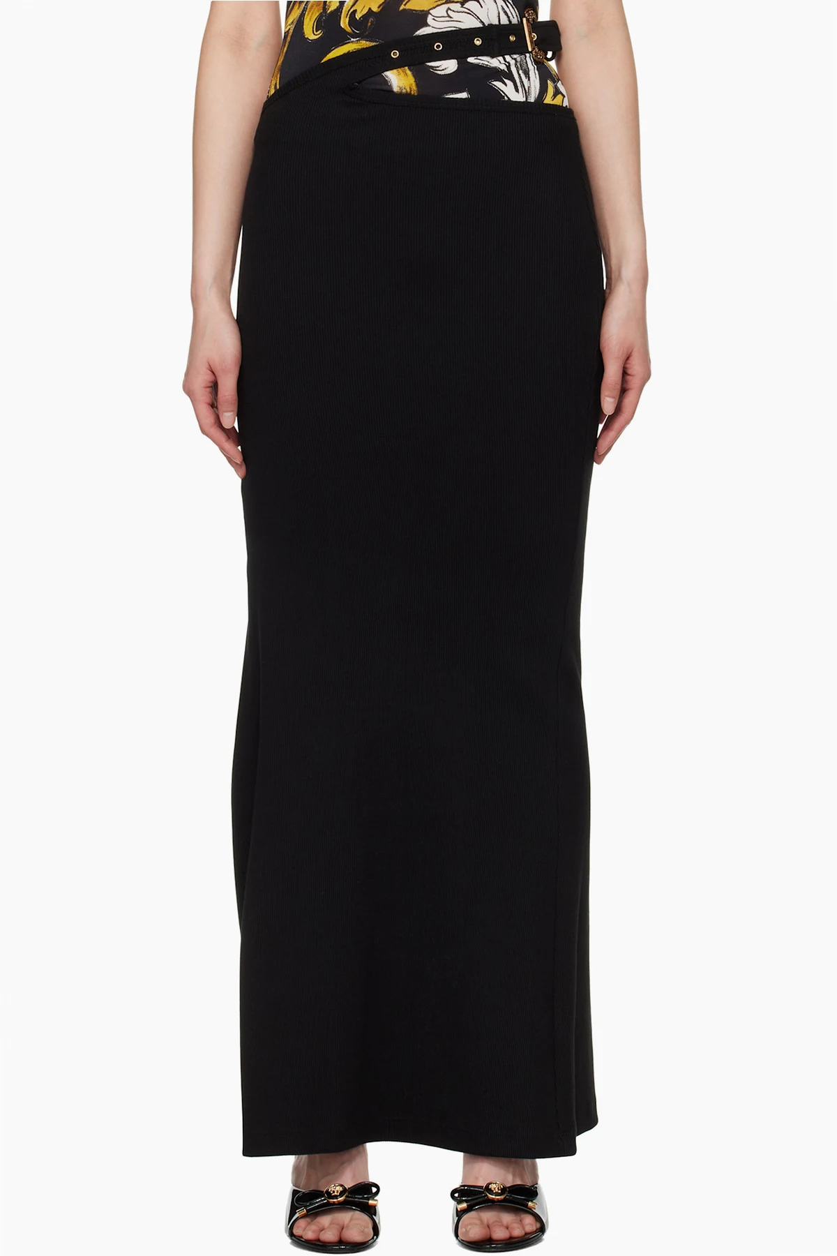 Black Baroque Buckle Ribbed Maxi Skirt