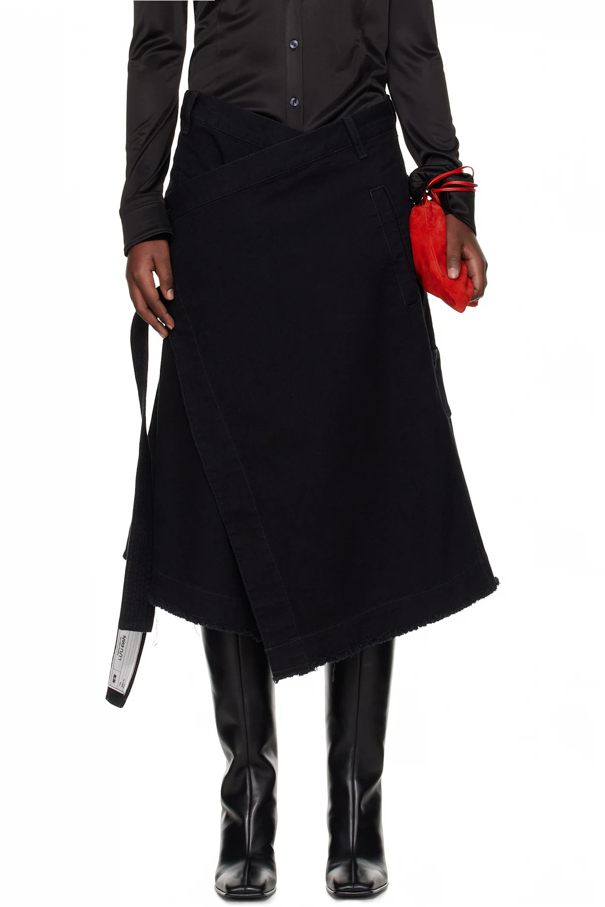 Black Apron Denim Midi Skirt