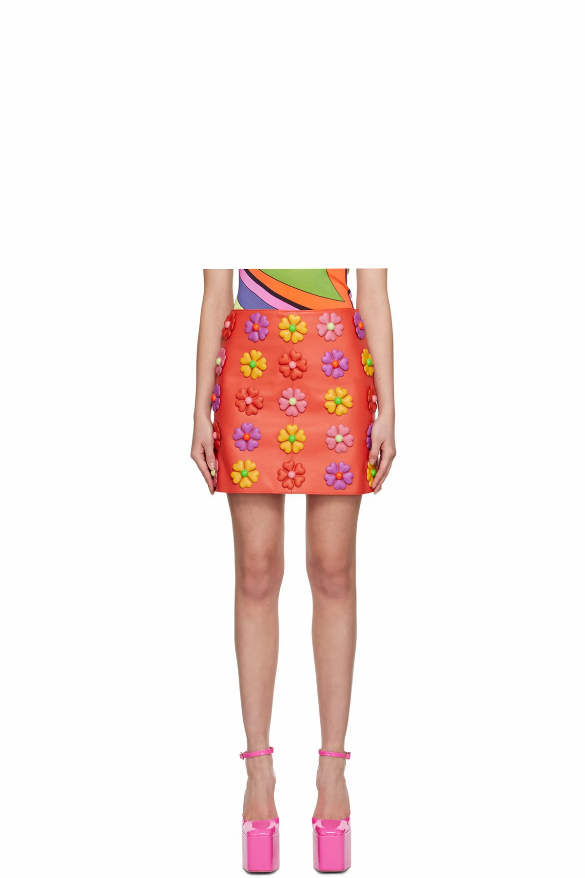 Red All-Over Flowers Leather Miniskirt