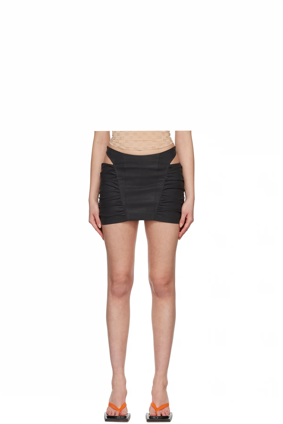Black Ruched Faux-Leather Miniskirt