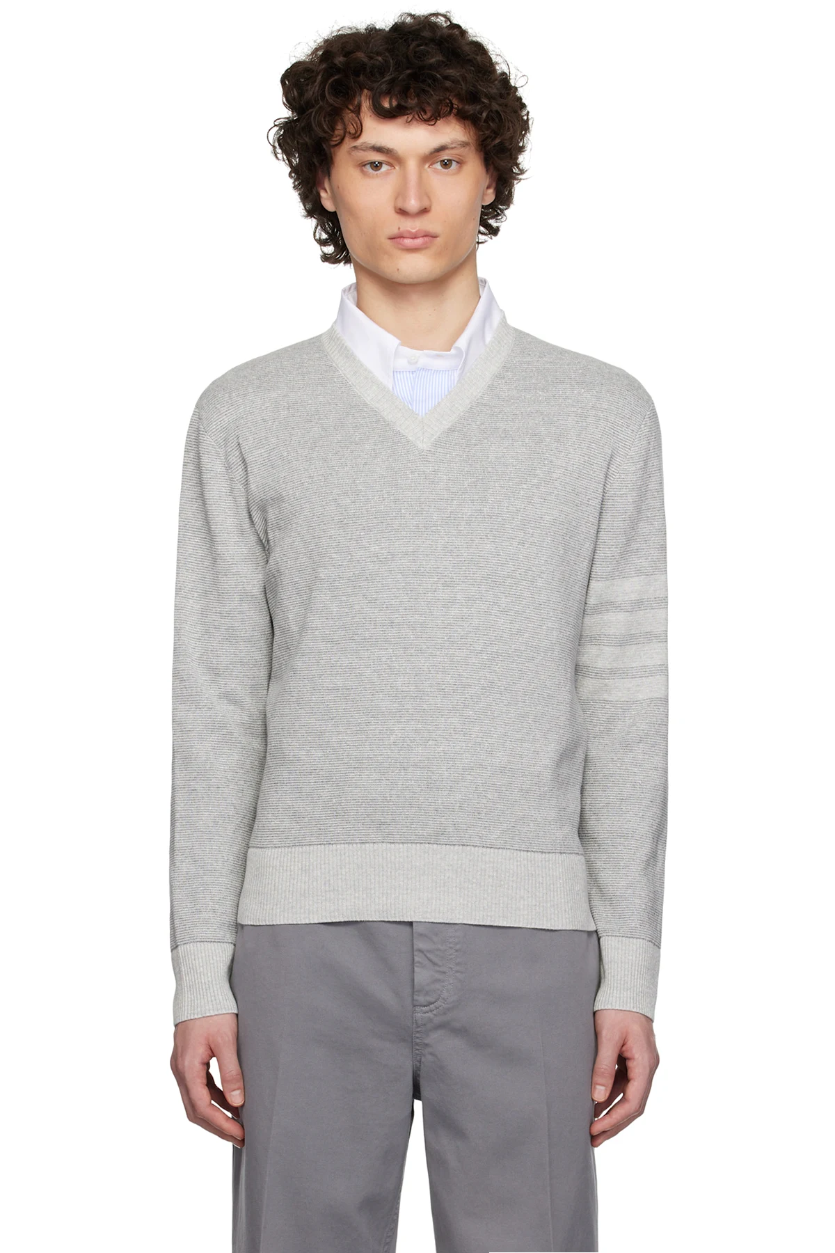 Gray Textured Striped Stitch Linen Cotton V Neck Sweater