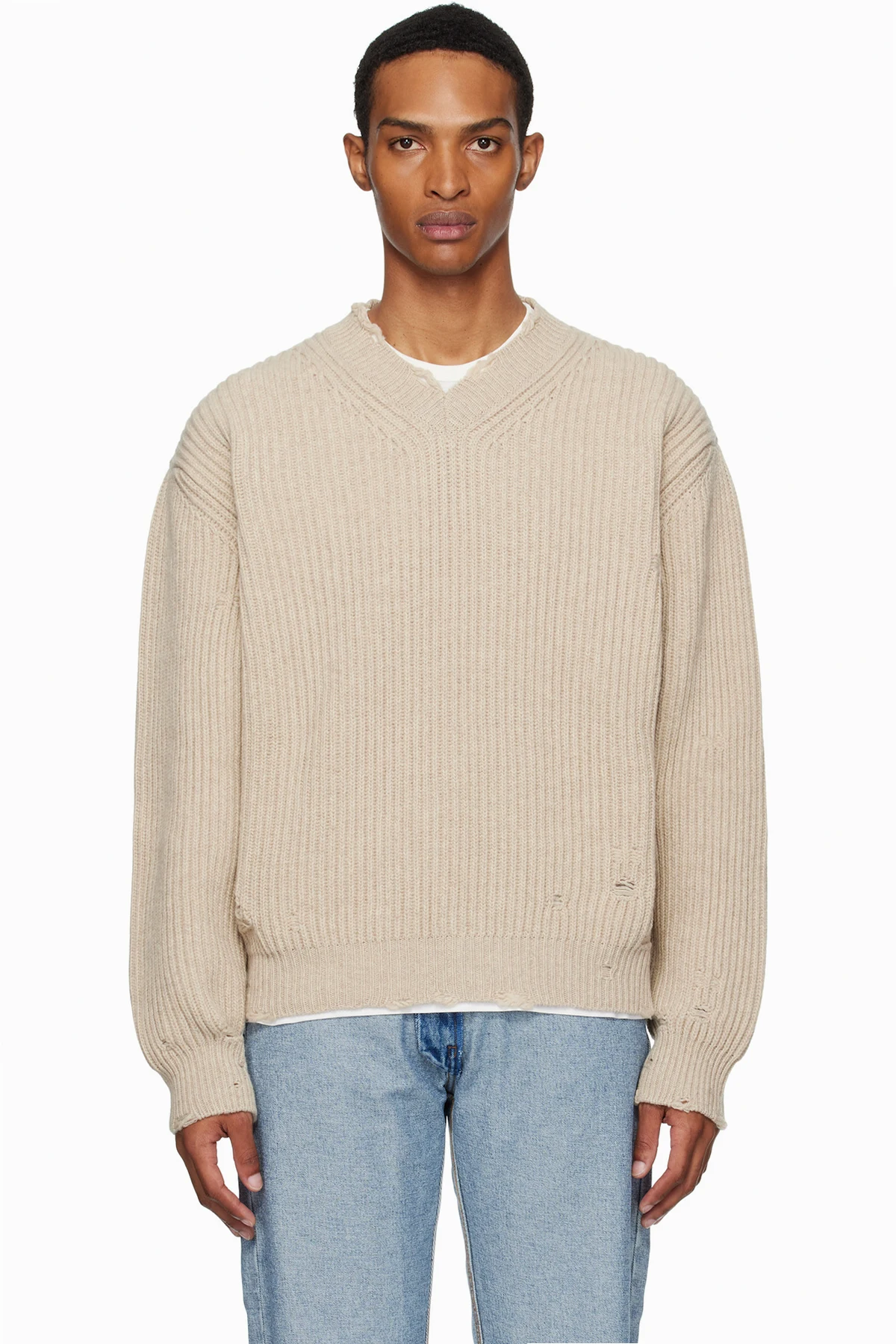 Beige Ribbed Wool Knit Sweater