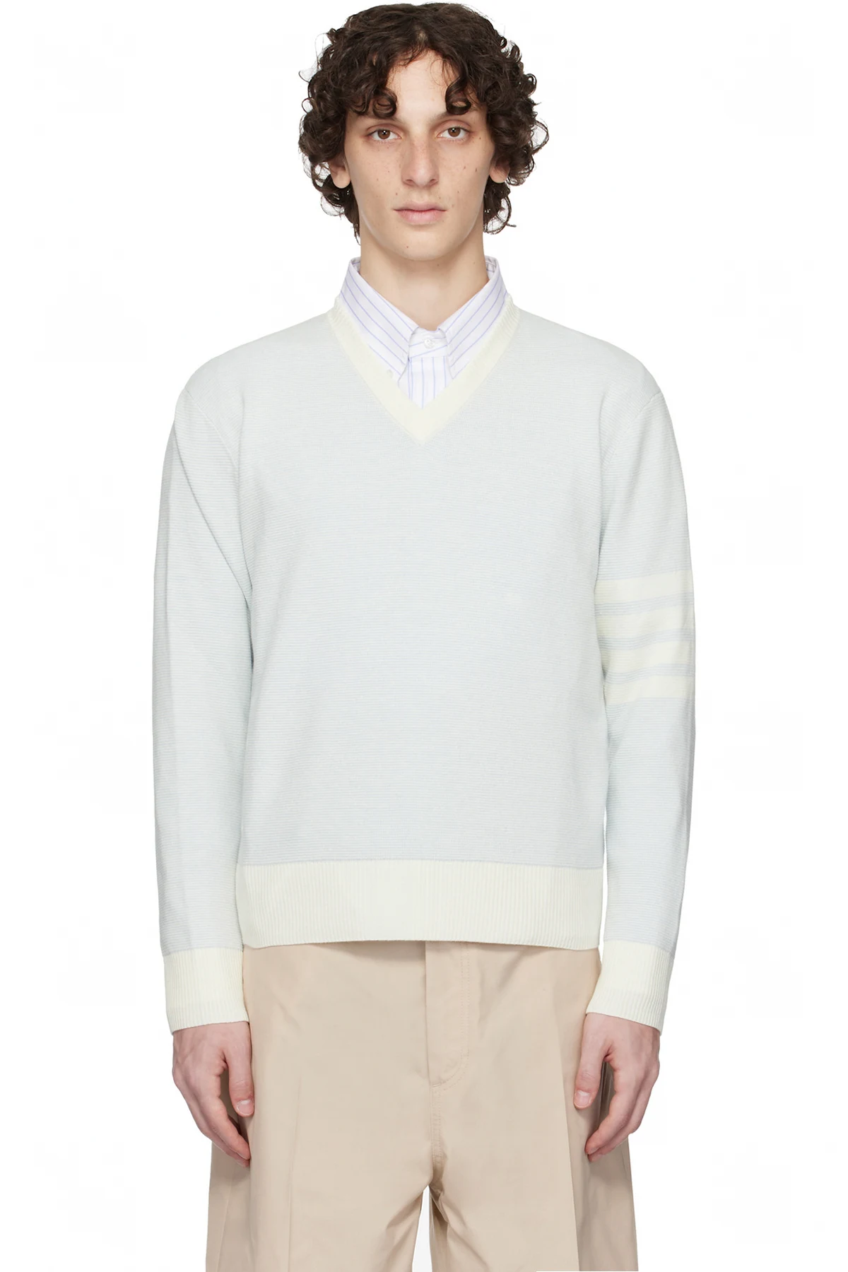 Blue Textured Striped Stitch 4-Bar Relaxed Sweater