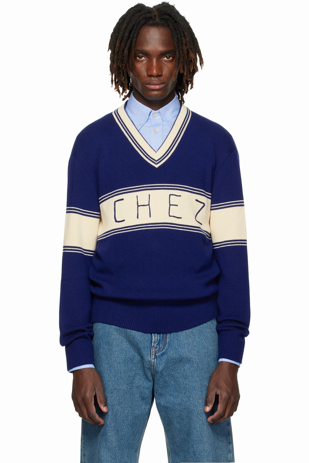 Navy & Beige 'Chez Valentino' Jacquard Pattern Sweater