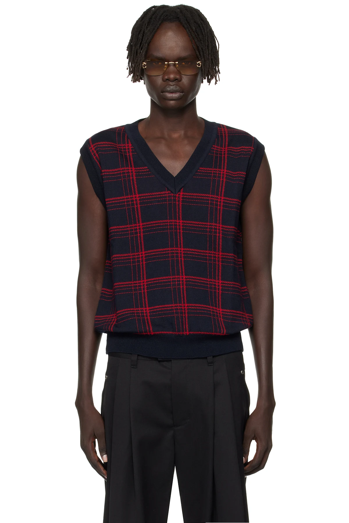 Navy & Red Check Jacquard Vest