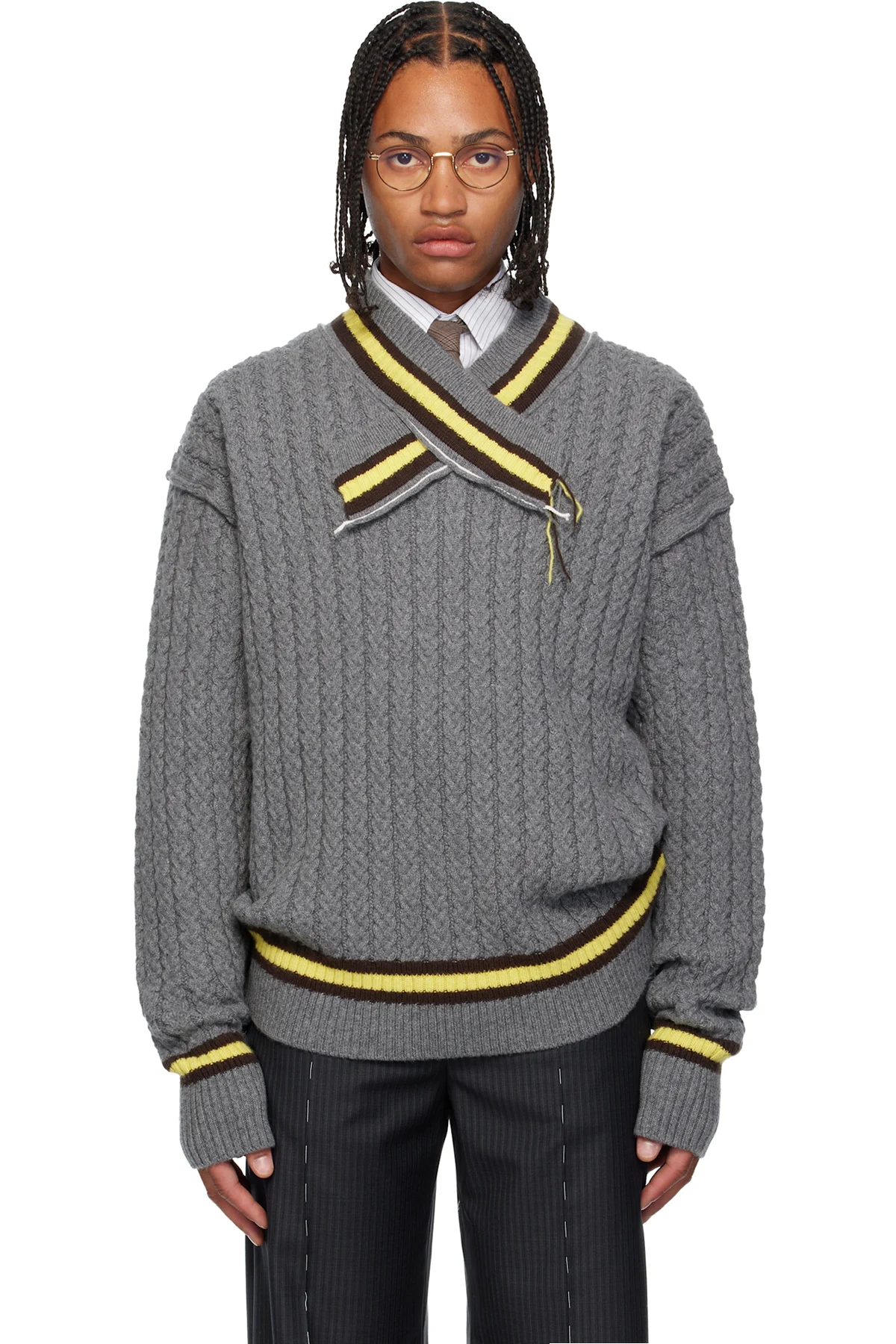 Gray Cable Knit Tennis Sweater