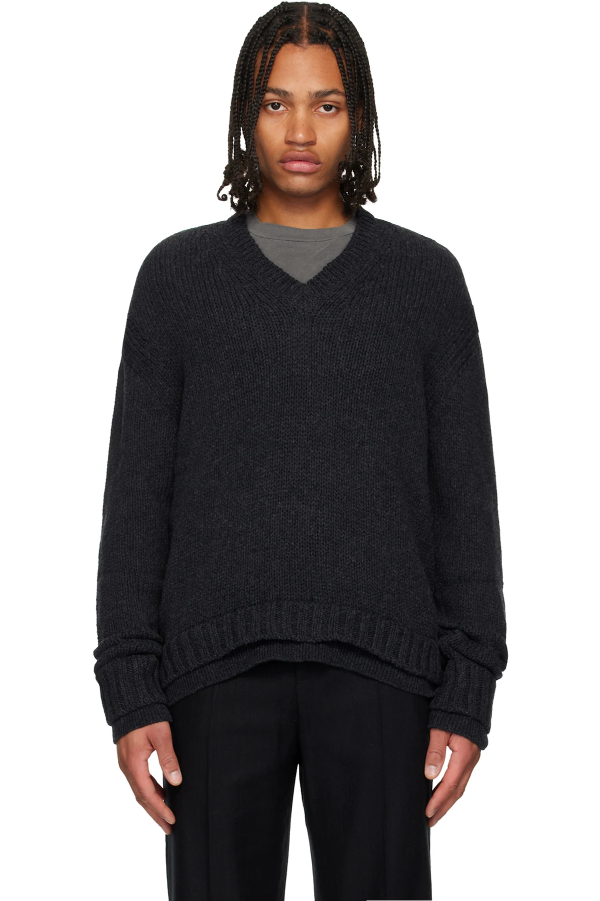 Gray False V-Neck Sweater