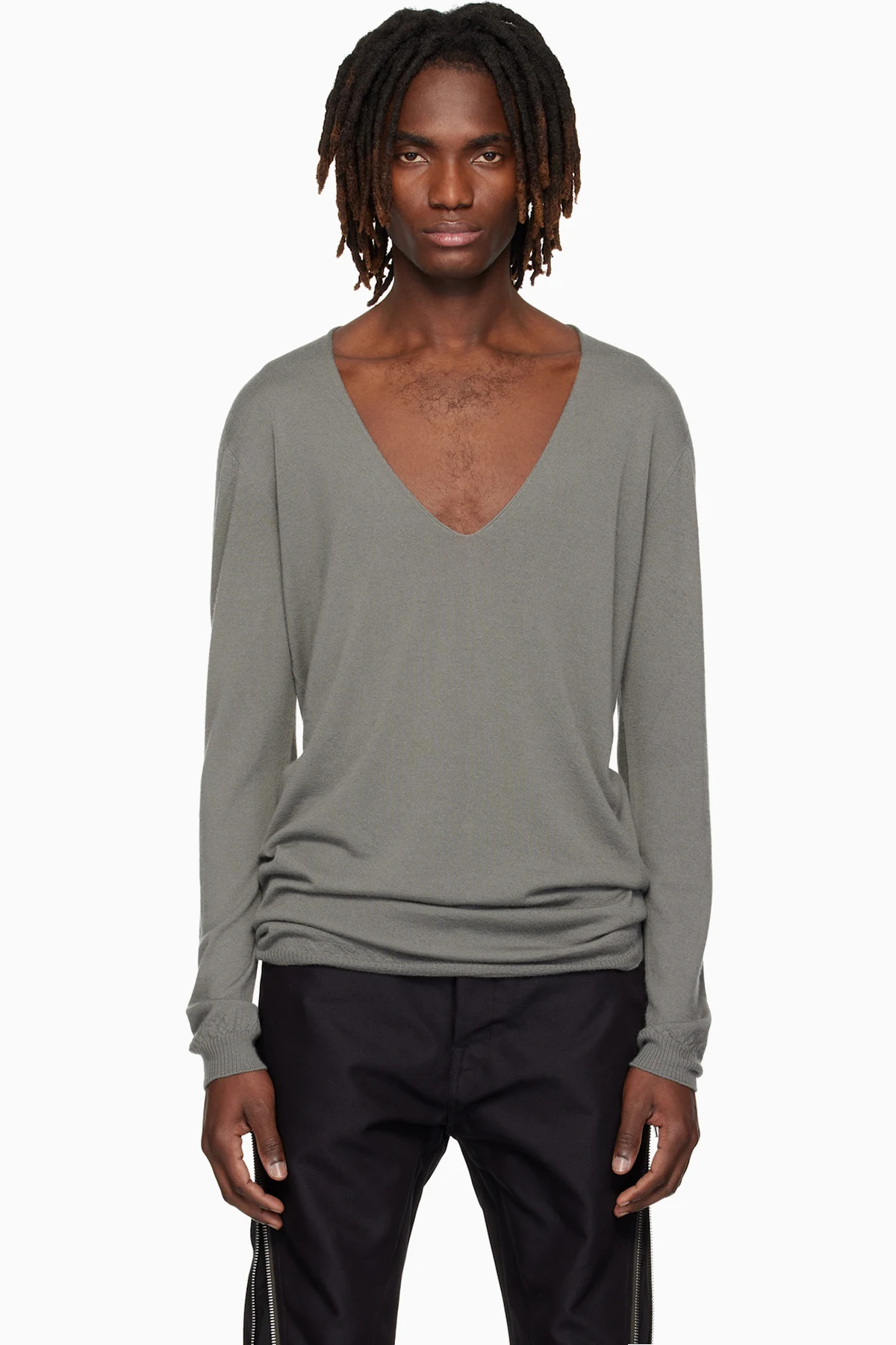 Gray Temple Oversize Extreme V Neck Sweater
