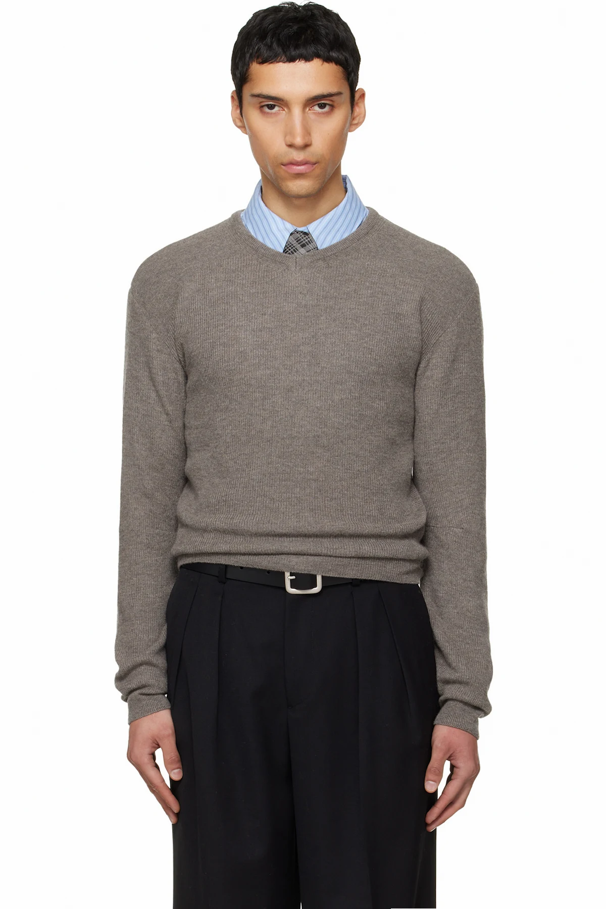 Taupe Superfine Wool Commando V-Neck Knit Sweater