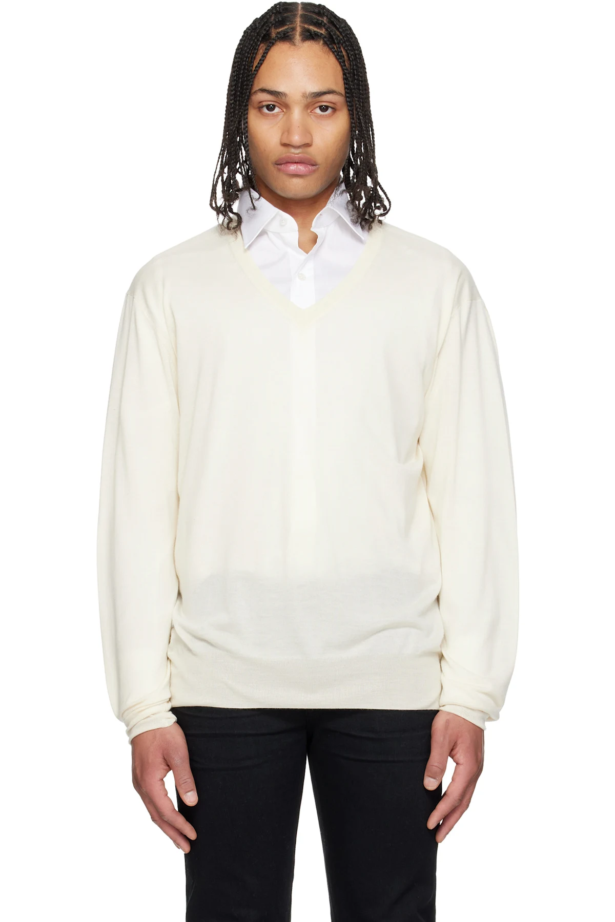Off-White Fine Gauge Cashmere LS V-Neck Sweater