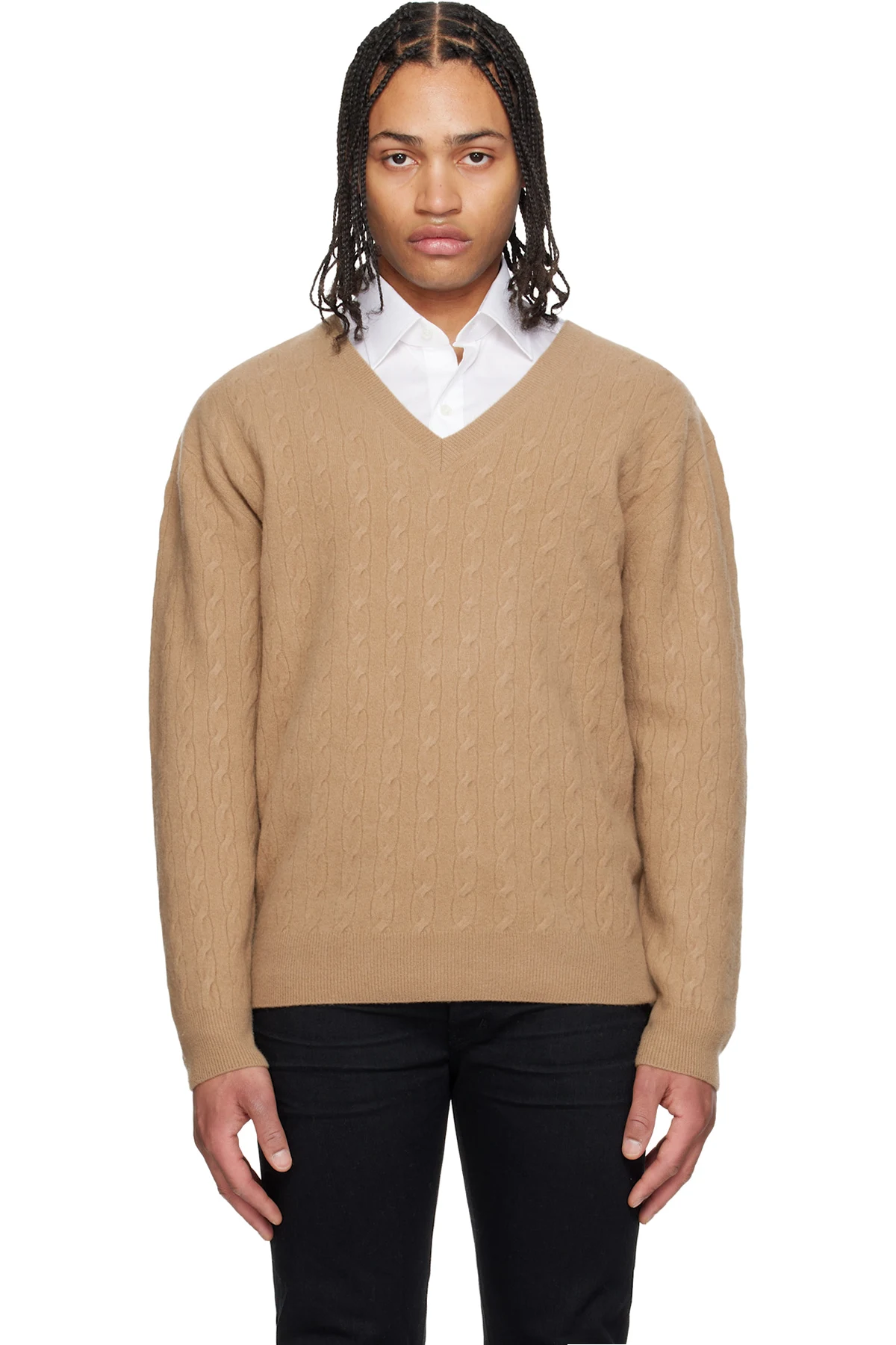 Tan Cable Lambswool LS V-Neck Sweater