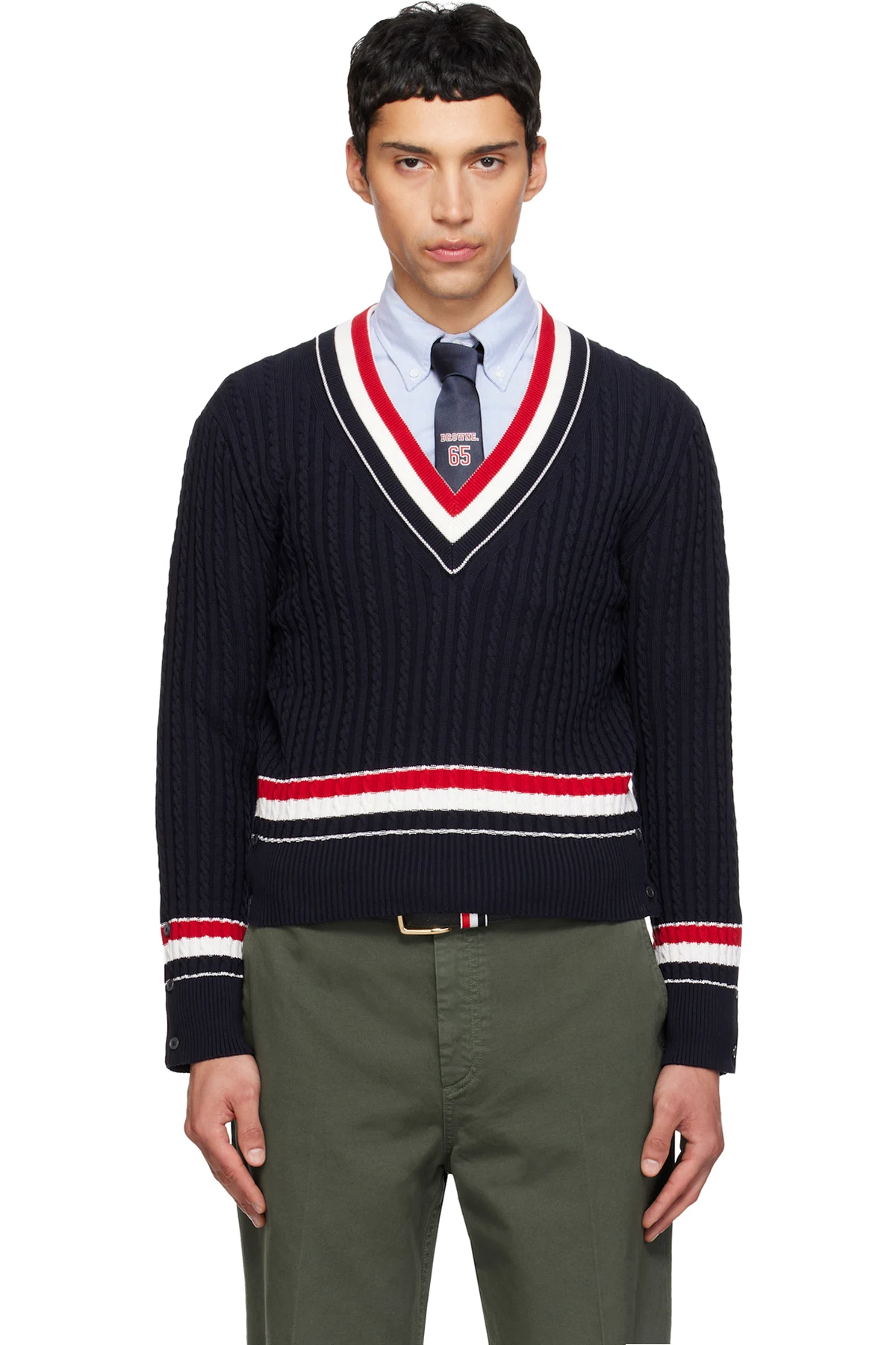 Navy Cable V Neck Sweater