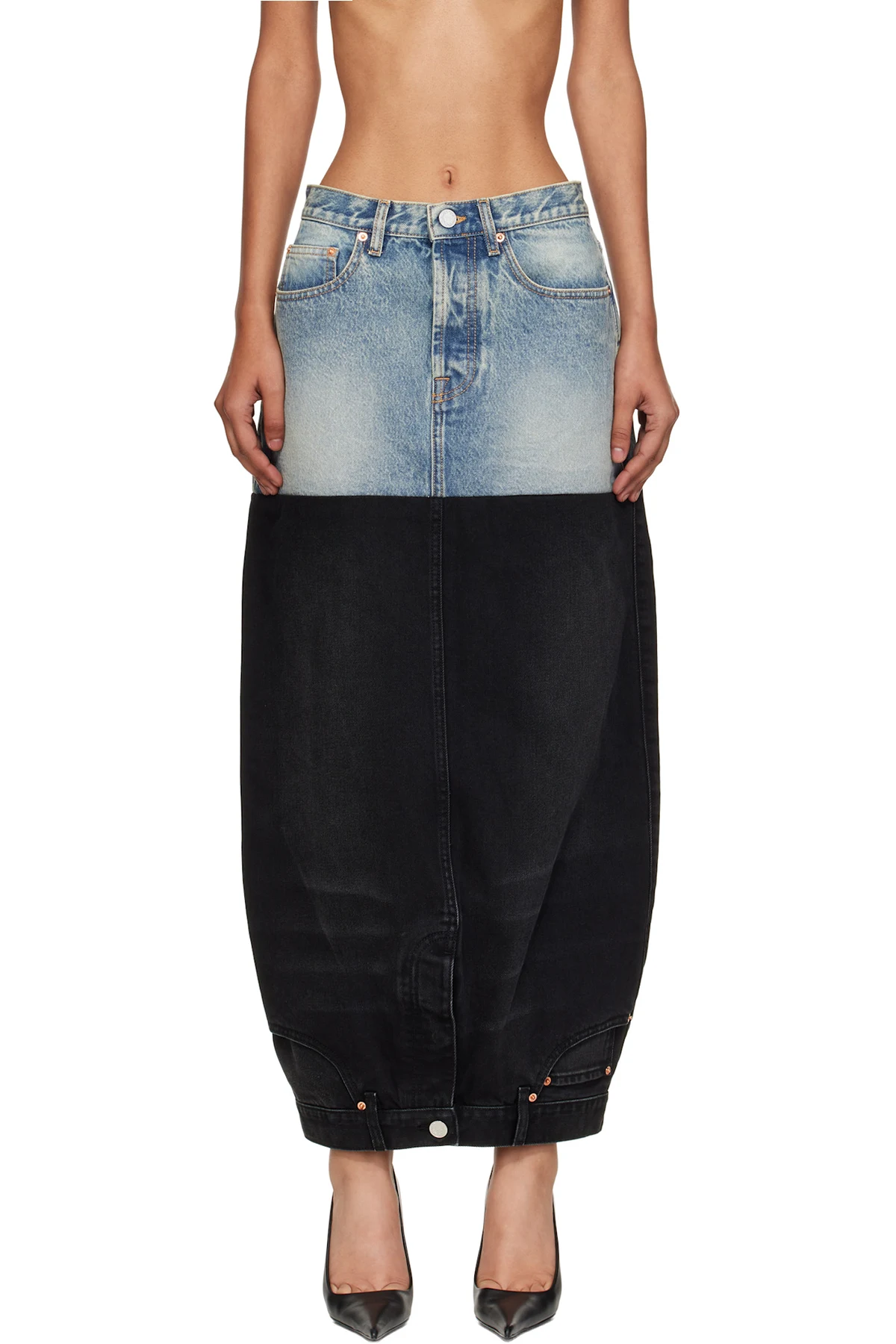Blue & Black Double Denim Maxi Skirt