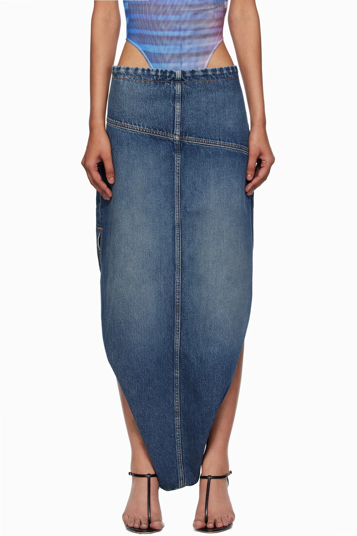 Blue Internal Belt & Zipped Opening Denim Maxi Skirt