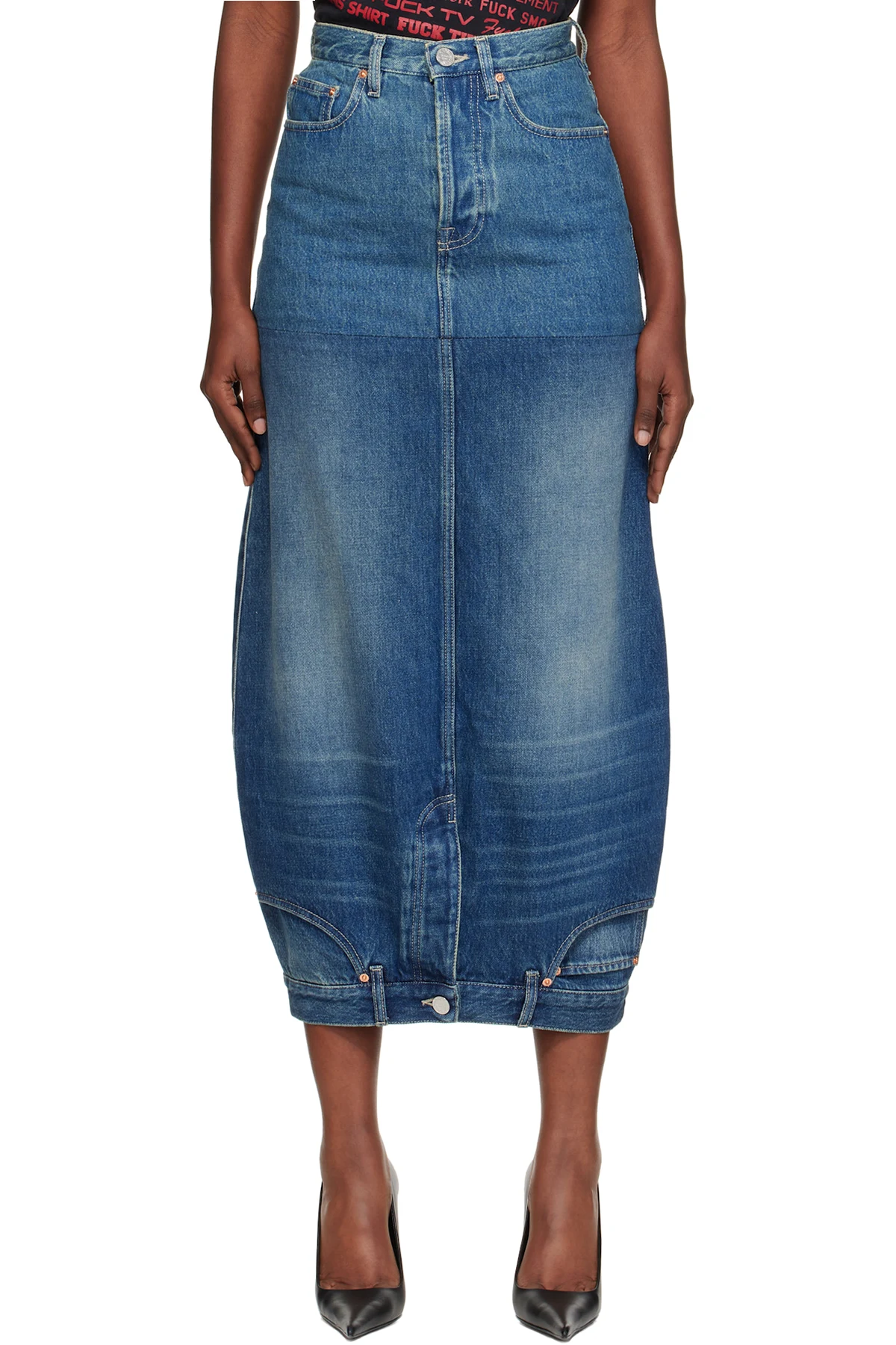 Blue Double Denim Midi Skirt