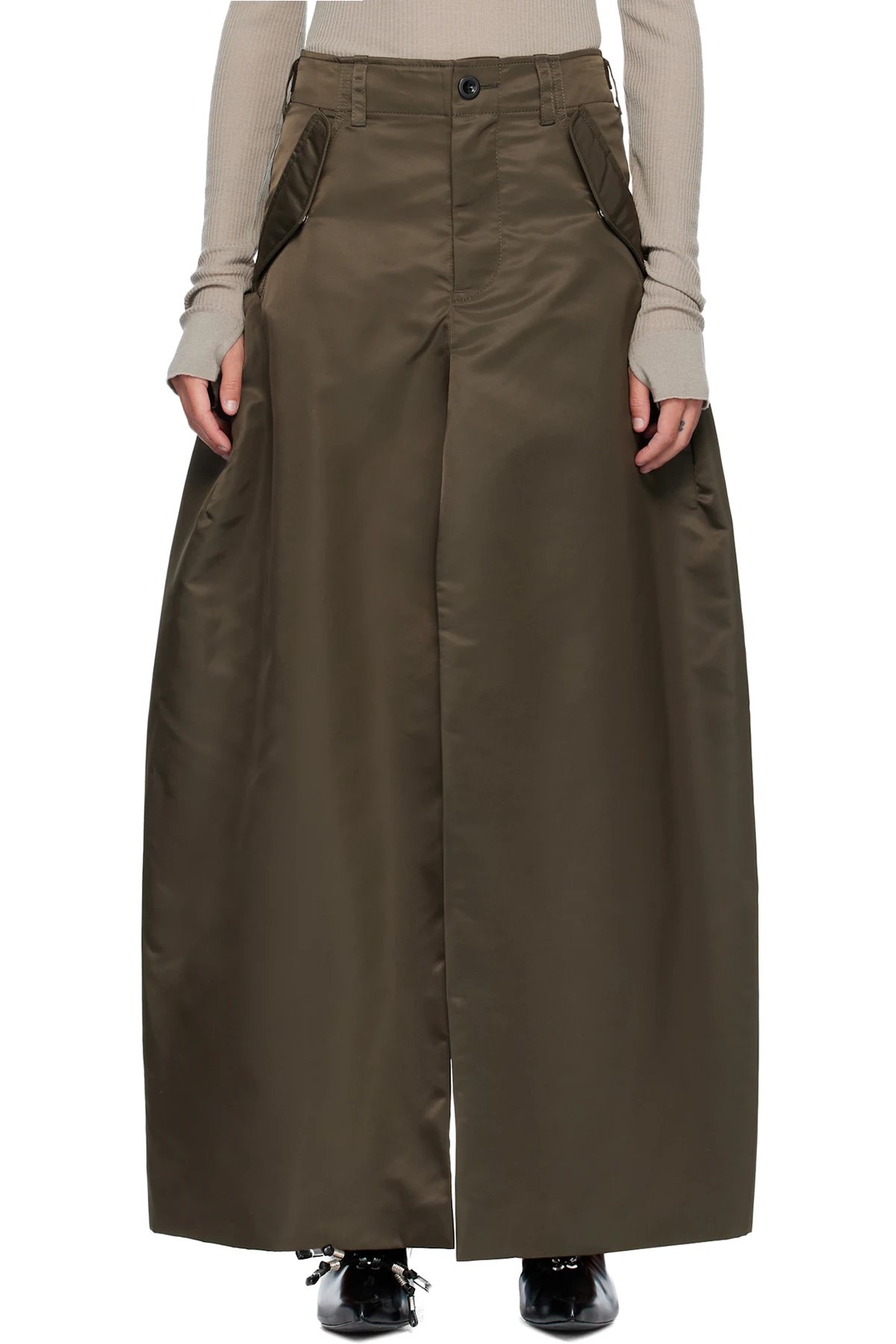 Khaki Nylon Twill Maxi Skirt