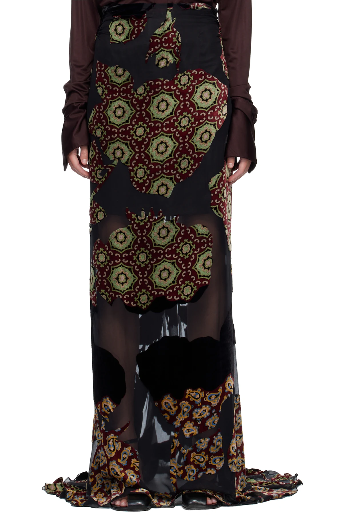 Black Layered Viscose Silk Maxi Skirt