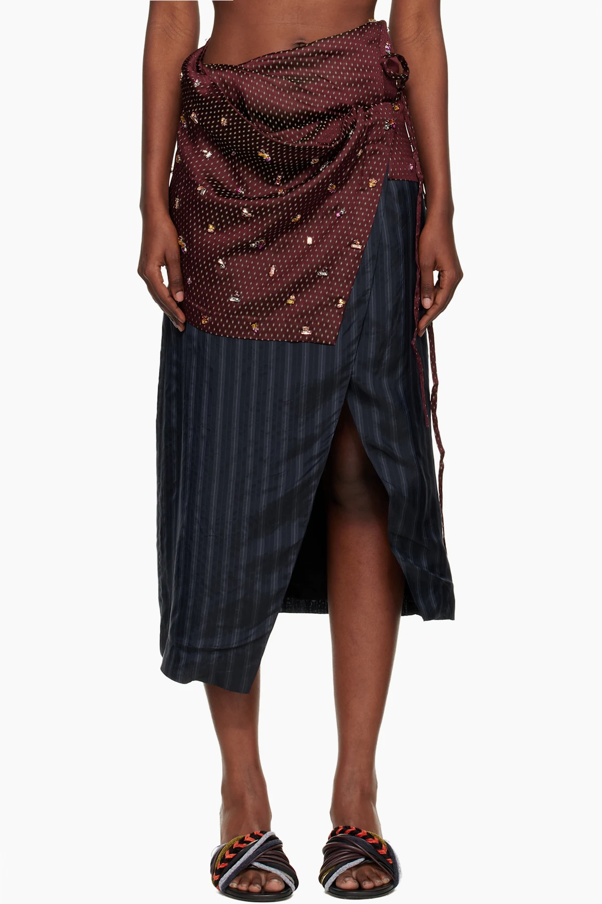Navy & Burgundy Diamond Tie Motif Maxi Skirt