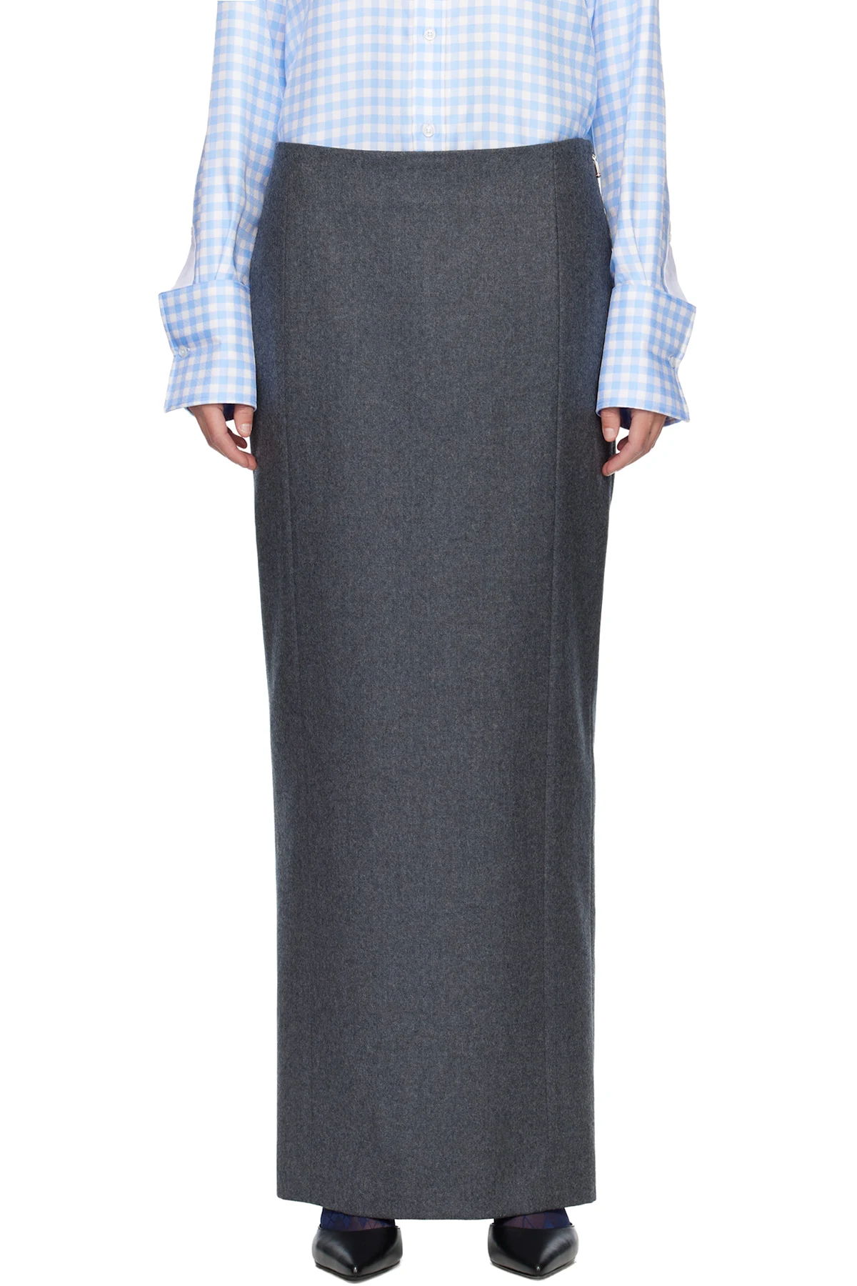 Gray Solid Wool Flannel Pencil Maxi Skirt