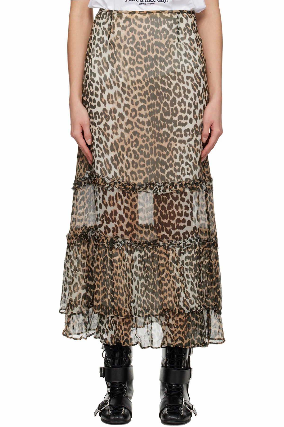 Multicolor Leopard Long Chiffon Ruffle Maxi Skirt