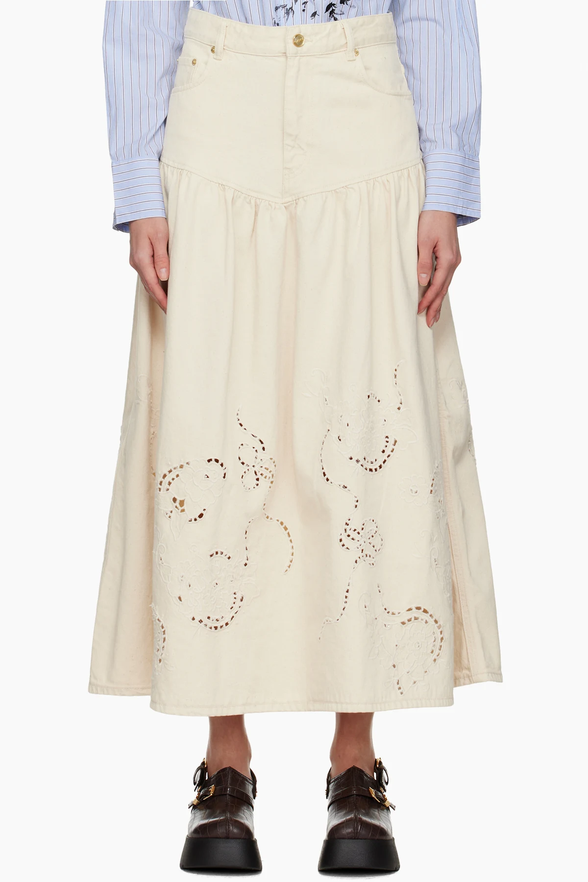 Off-White Broderie Anglaise Denim Maxi Skirt