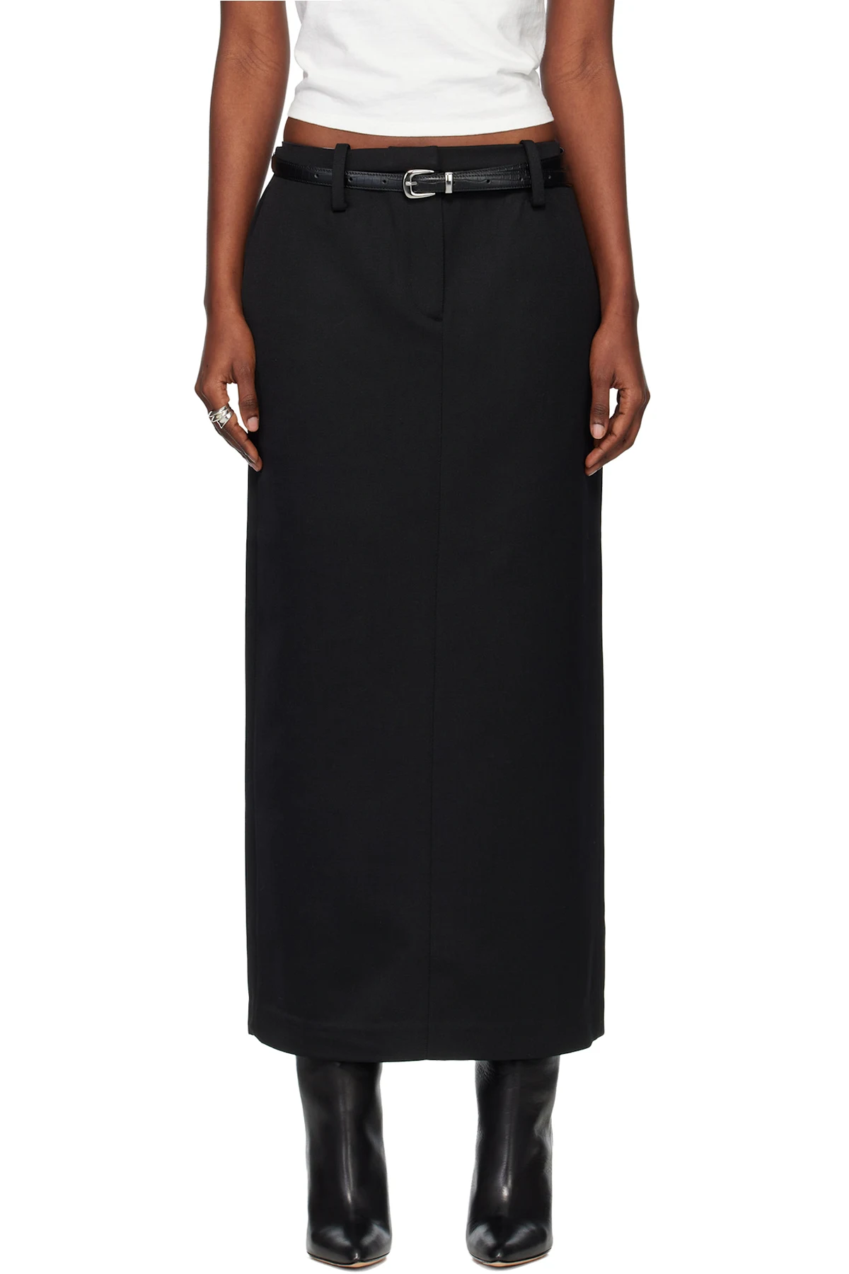 Black Low-Waisted Wool-Twill Belted Maxi Skirt